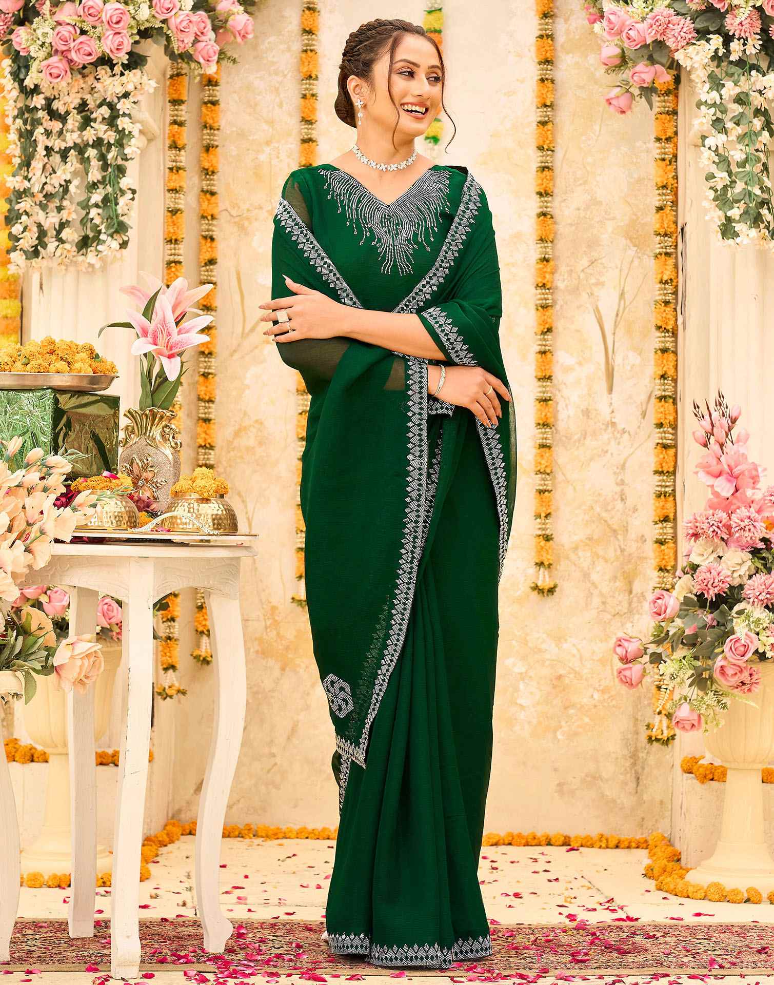 Dark Green Shimmer Stone Work Swarovski Saree - Image 5