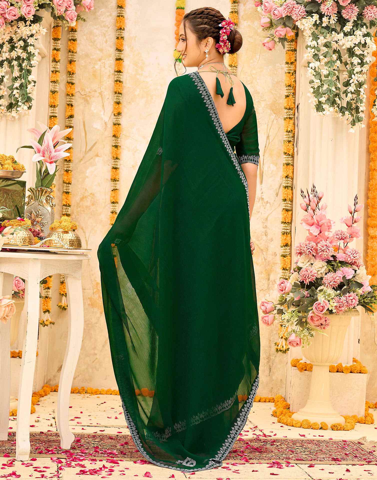 Dark Green Shimmer Stone Work Swarovski Saree - Image 6
