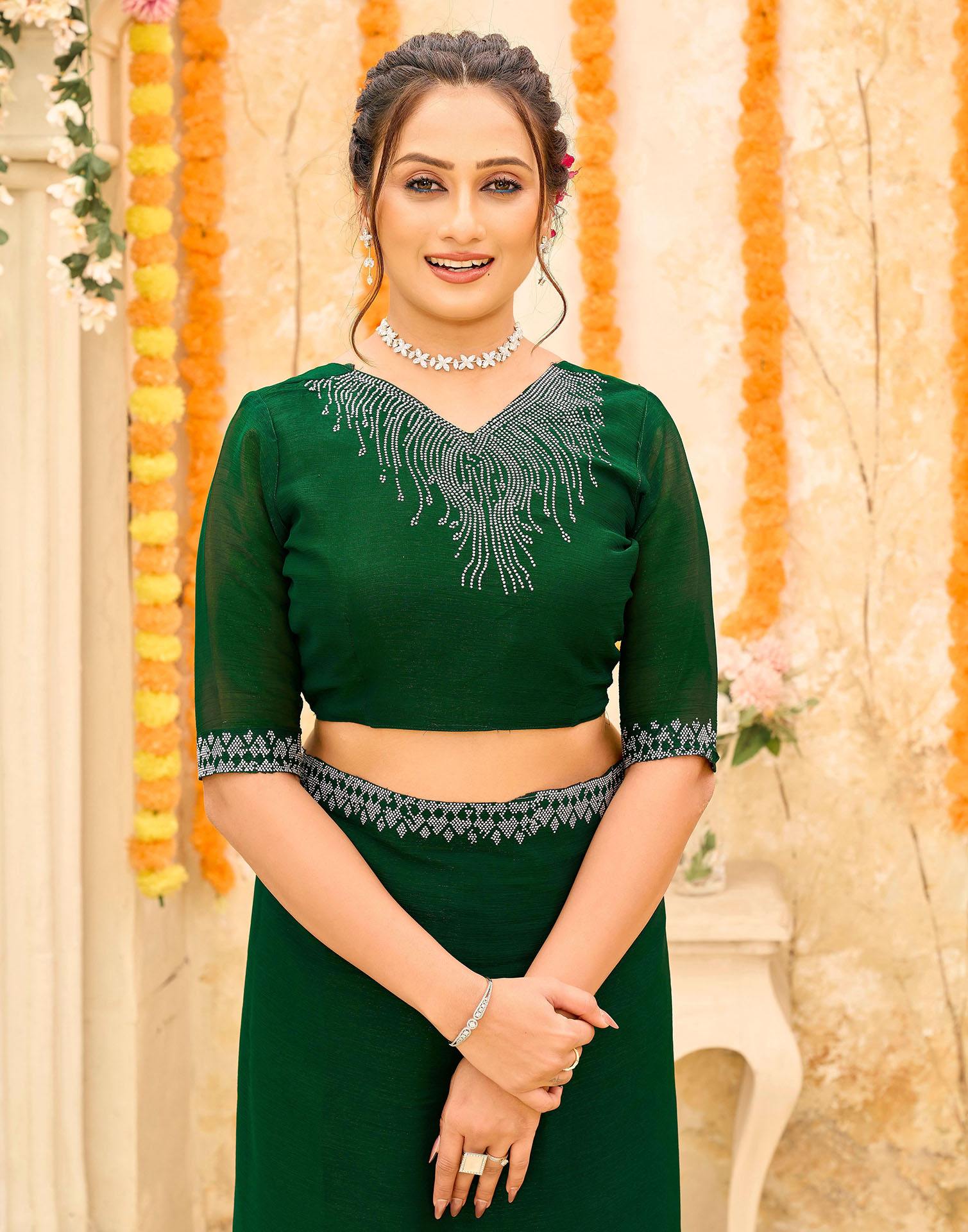 Dark Green Shimmer Stone Work Swarovski Saree - Image 8