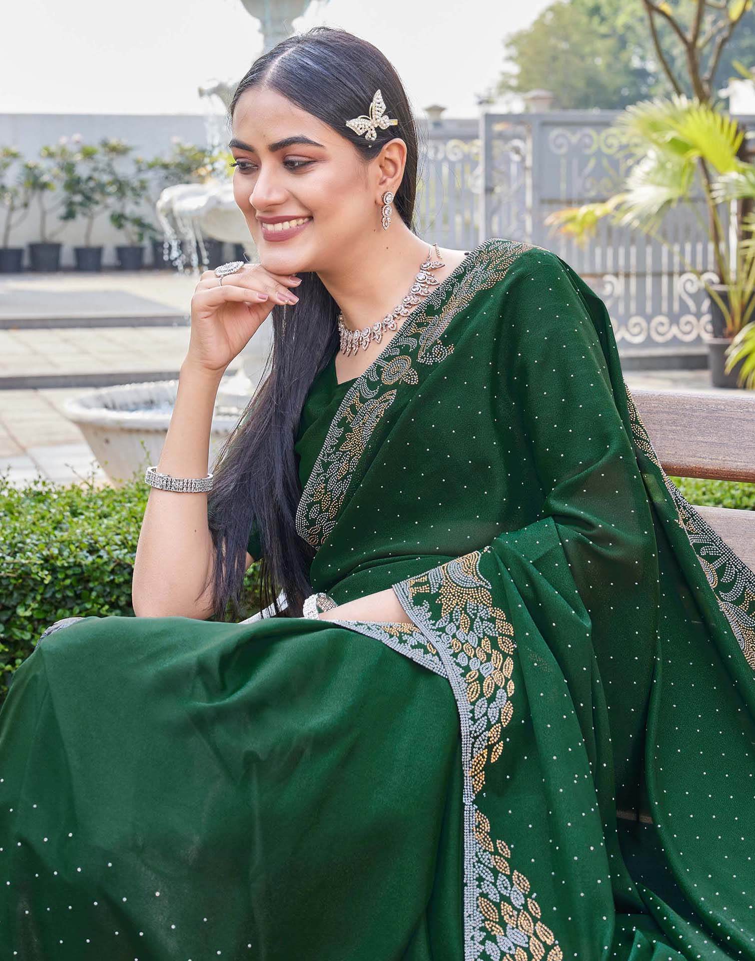 Dark Green Shimmer Stone Work Swarovski Saree - Image 2