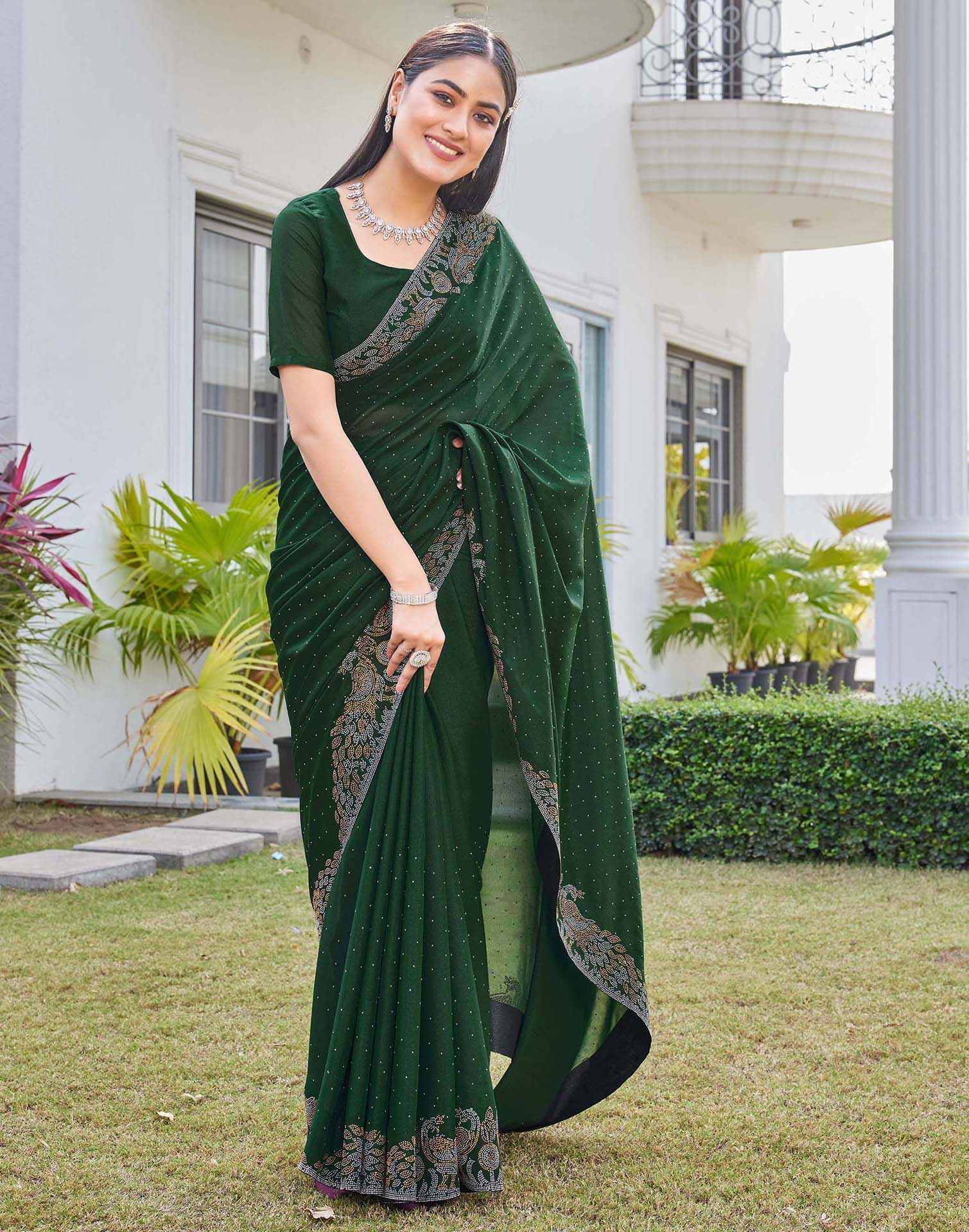 Dark Green Shimmer Stone Work Swarovski Saree - Image 4