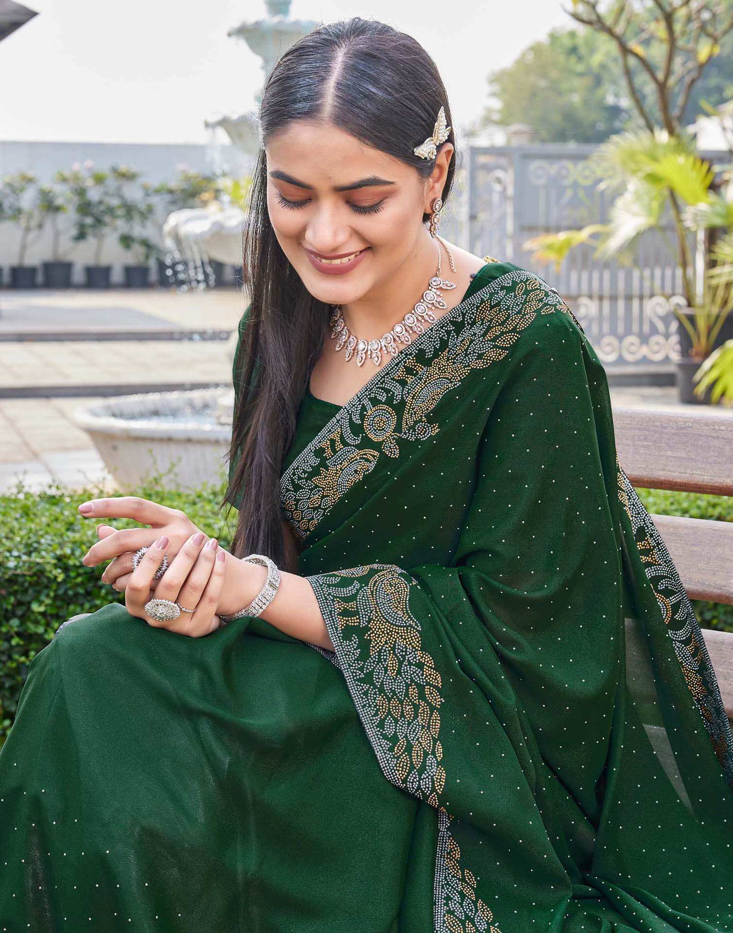 Dark Green Shimmer Stone Work Swarovski Saree - Image 7