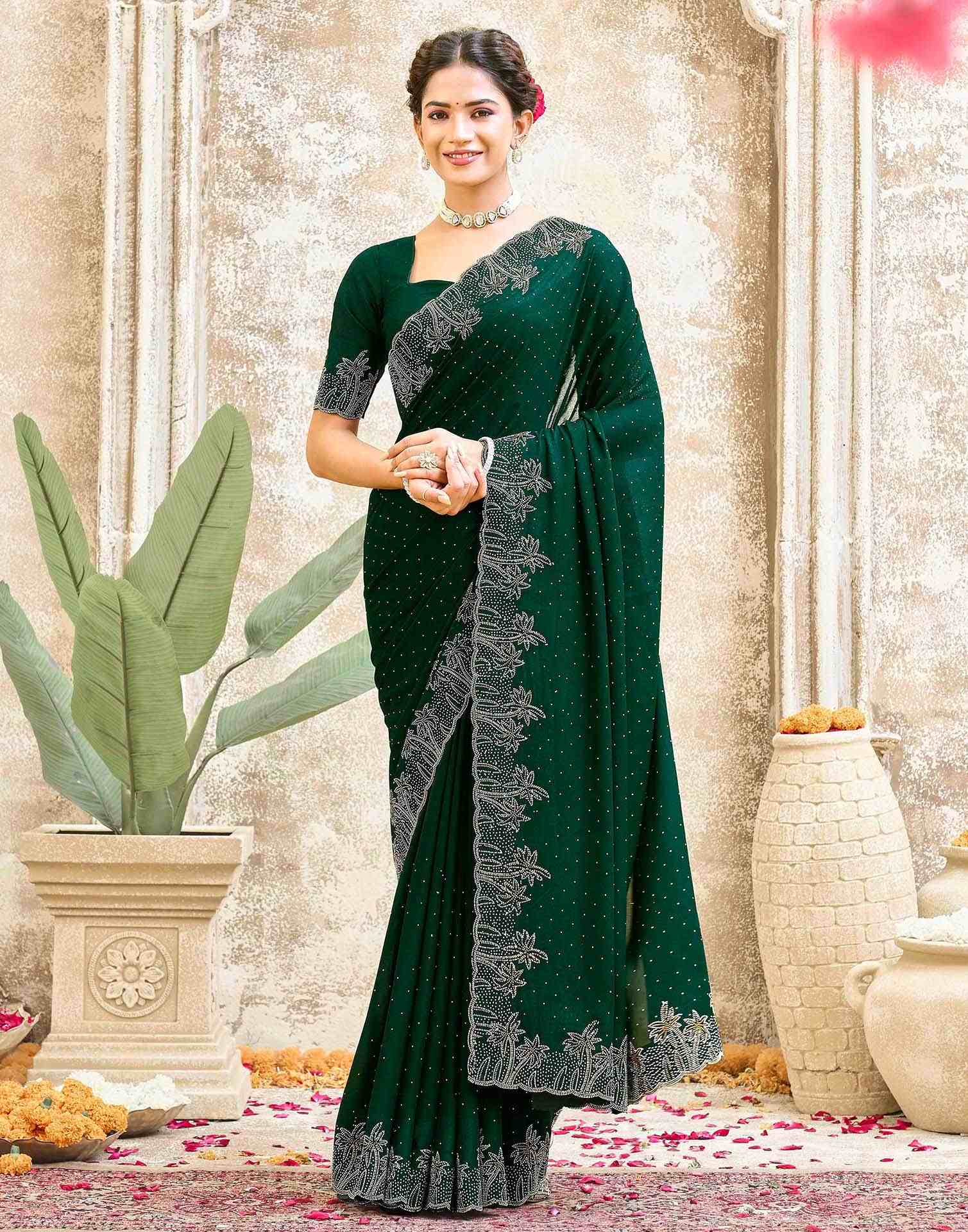 Dark Green Shimmer Stone Work Swarovski Saree