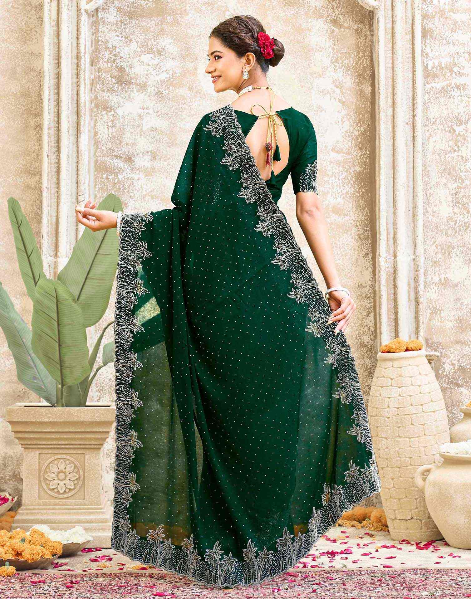 Dark Green Shimmer Stone Work Swarovski Saree - Image 6