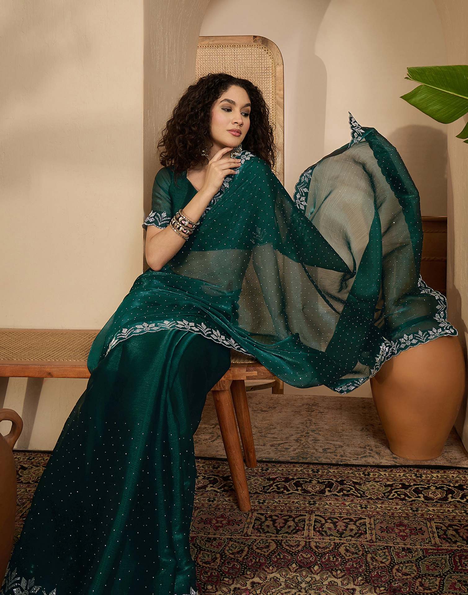 Dark Green Shimmer Stone Work Swarovski Saree - Image 4