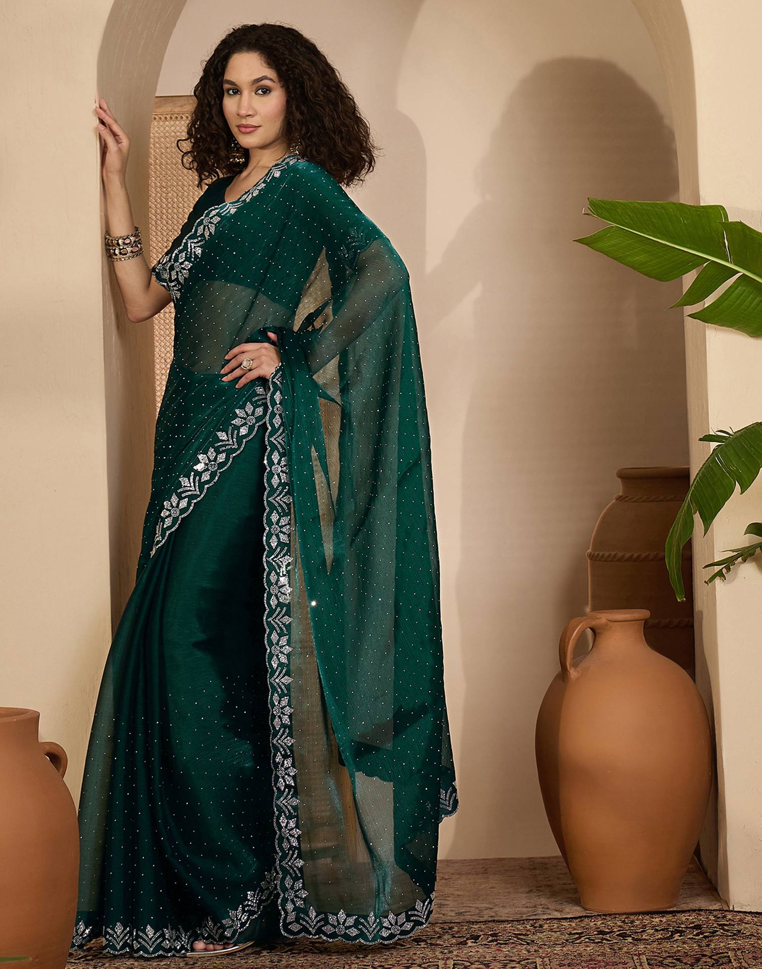 Dark Green Shimmer Stone Work Swarovski Saree - Image 5