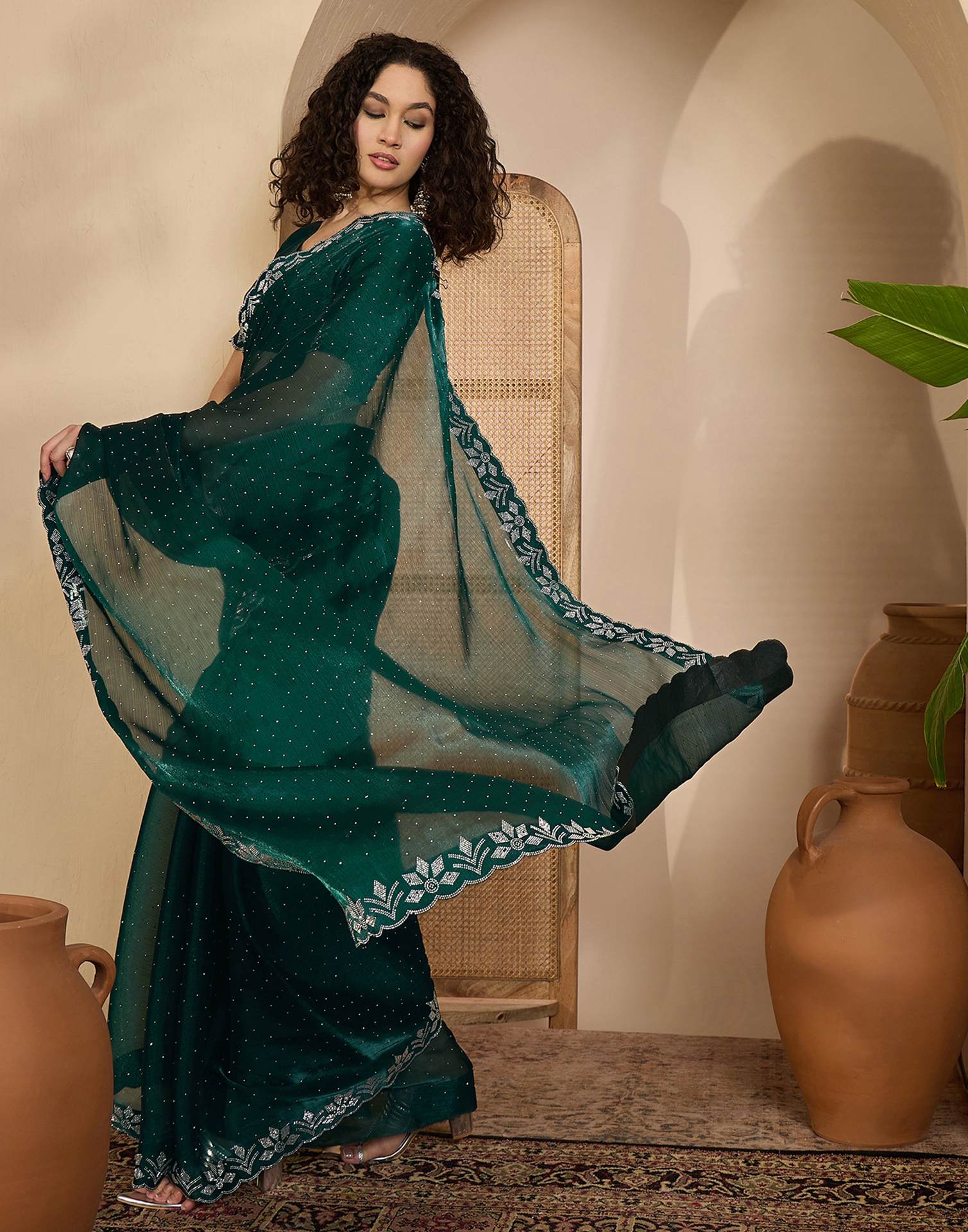 Dark Green Shimmer Stone Work Swarovski Saree - Image 6