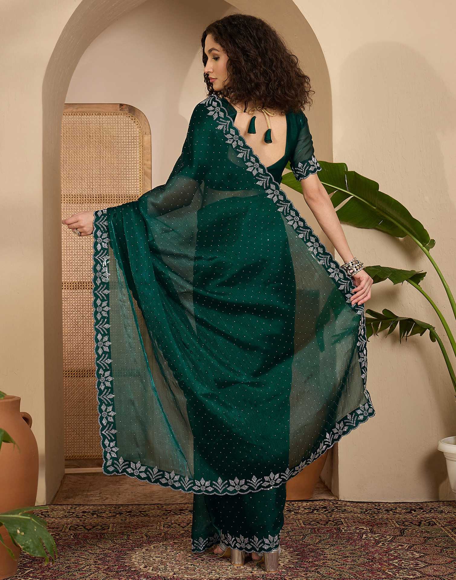 Dark Green Shimmer Stone Work Swarovski Saree - Image 7