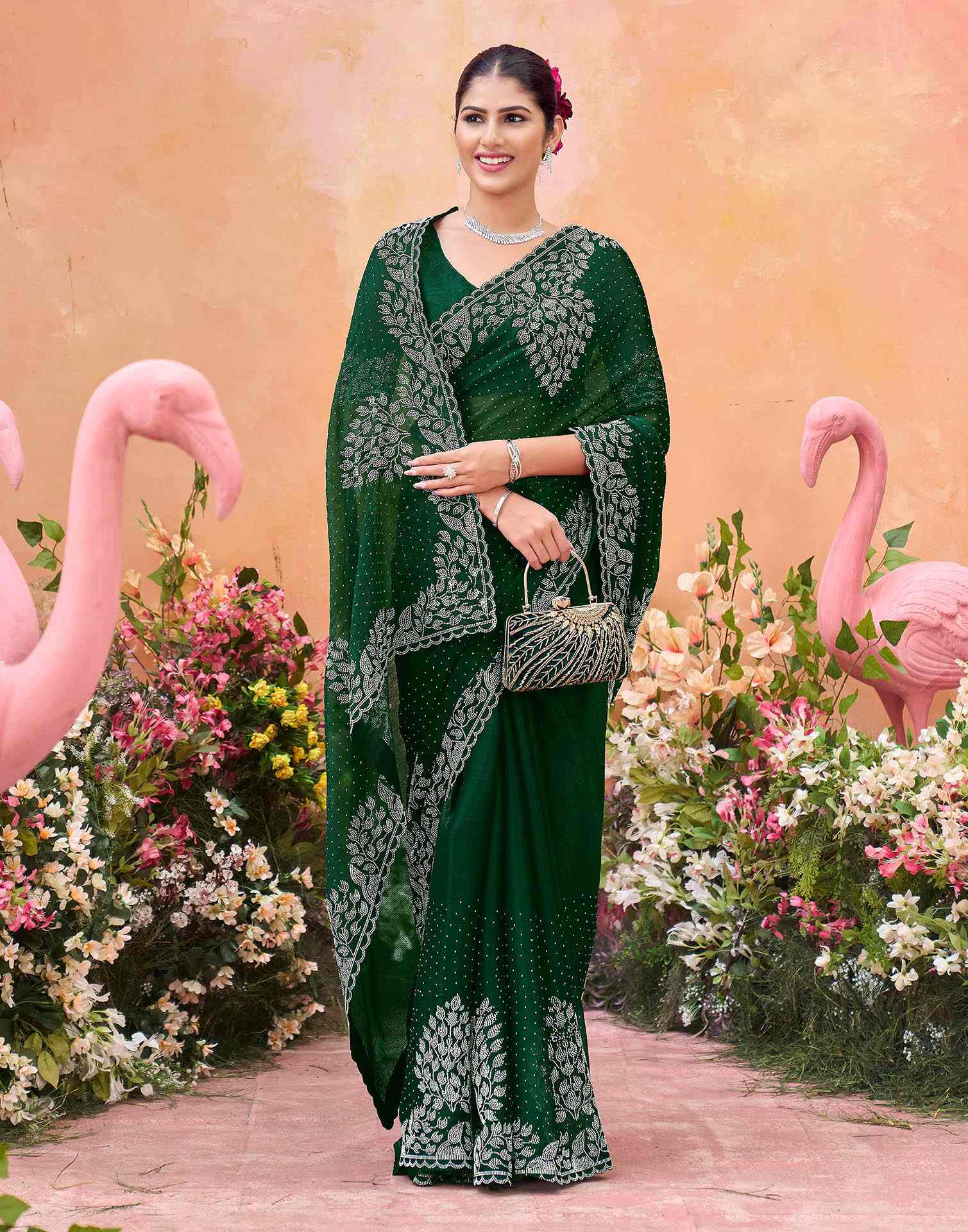 Dark Green Shimmer Stone Work Swarovski Saree - Image 5