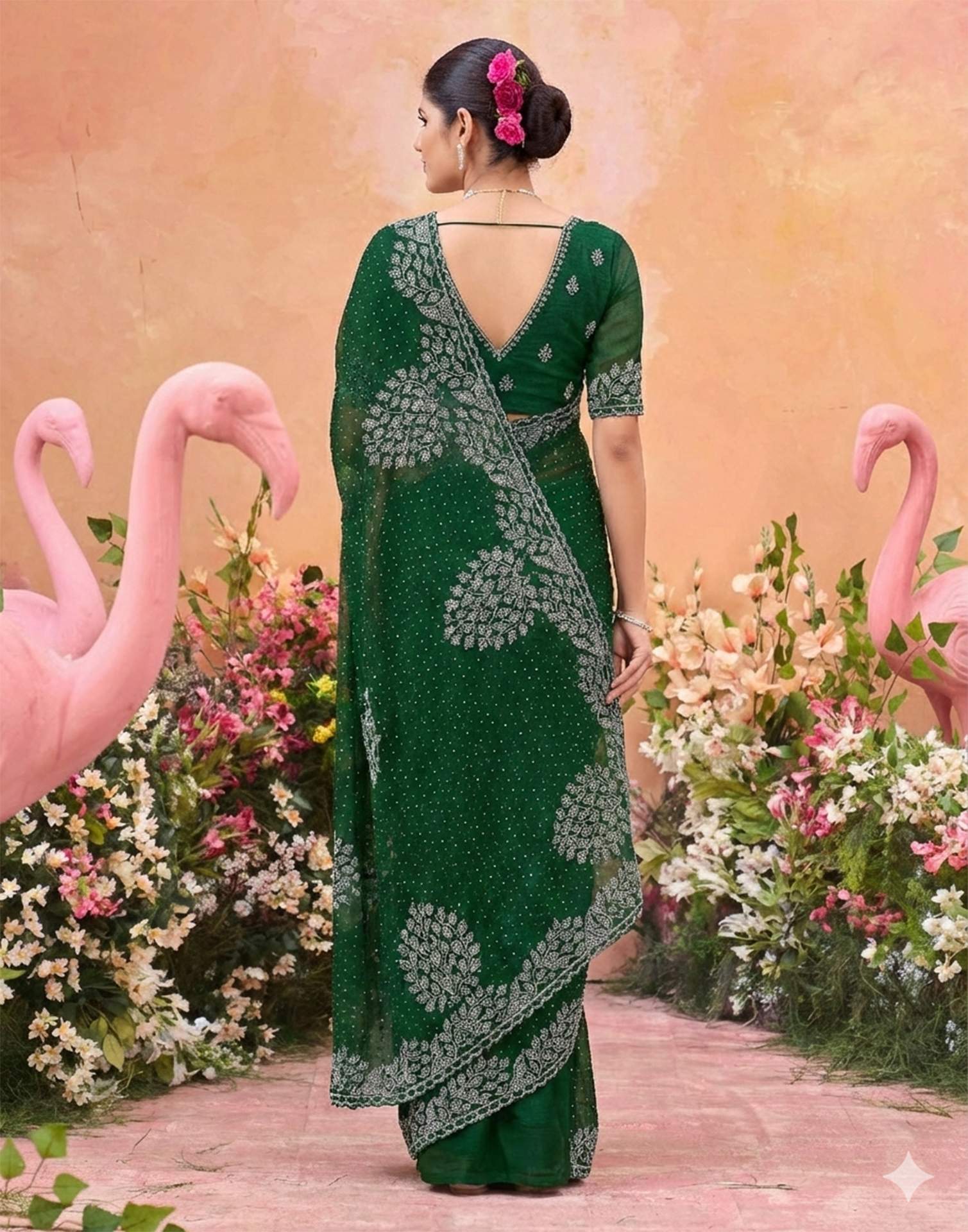Dark Green Shimmer Stone Work Swarovski Saree - Image 6