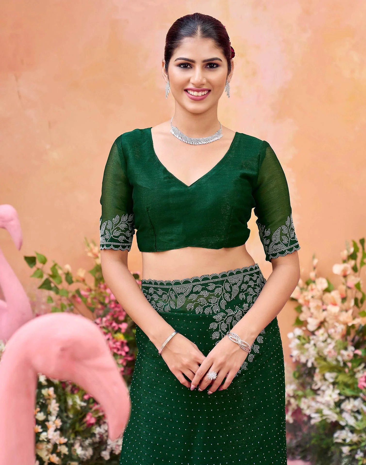 Dark Green Shimmer Stone Work Swarovski Saree - Image 8