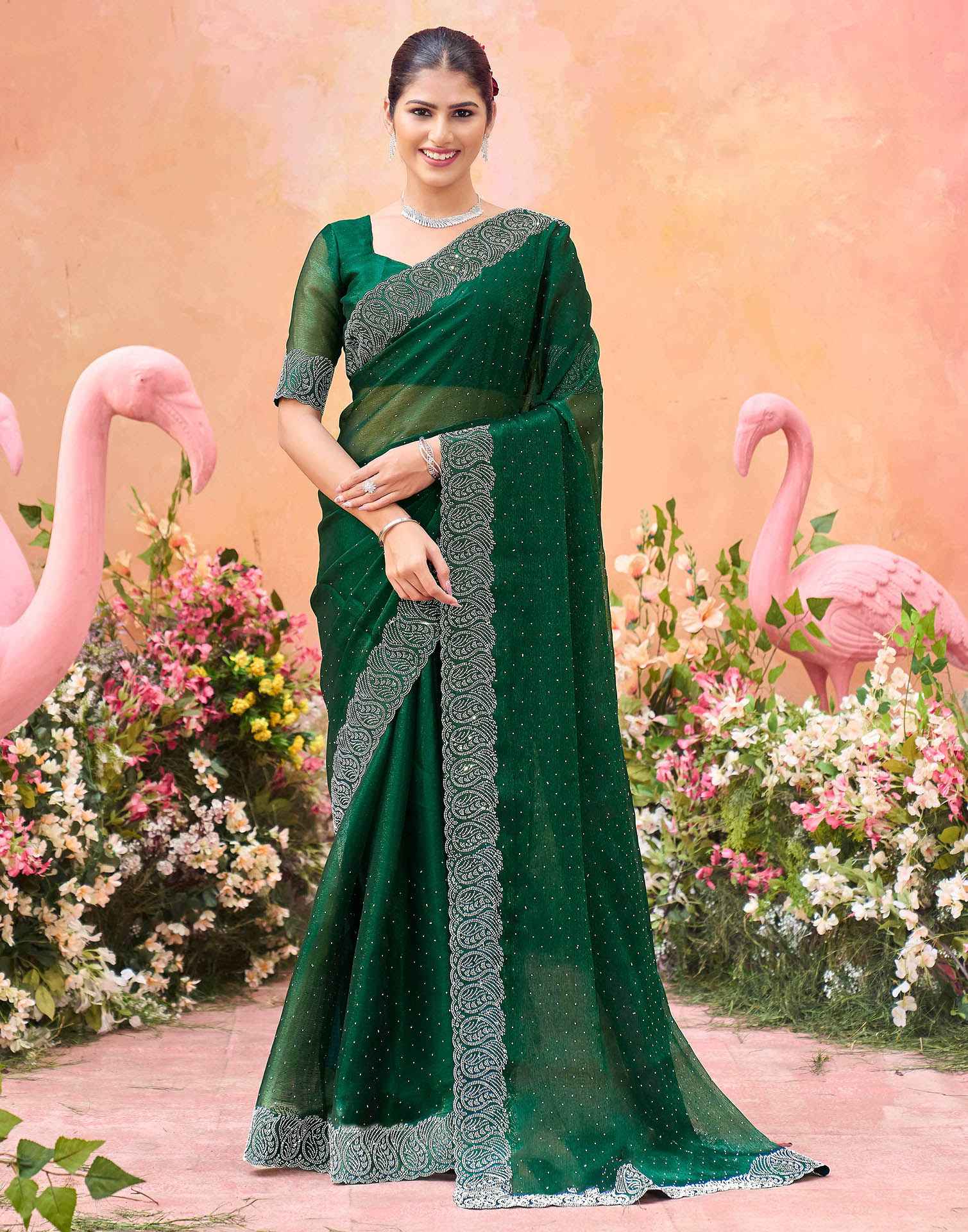 Dark Green Shimmer Stone Work Swarovski Saree - Image 2