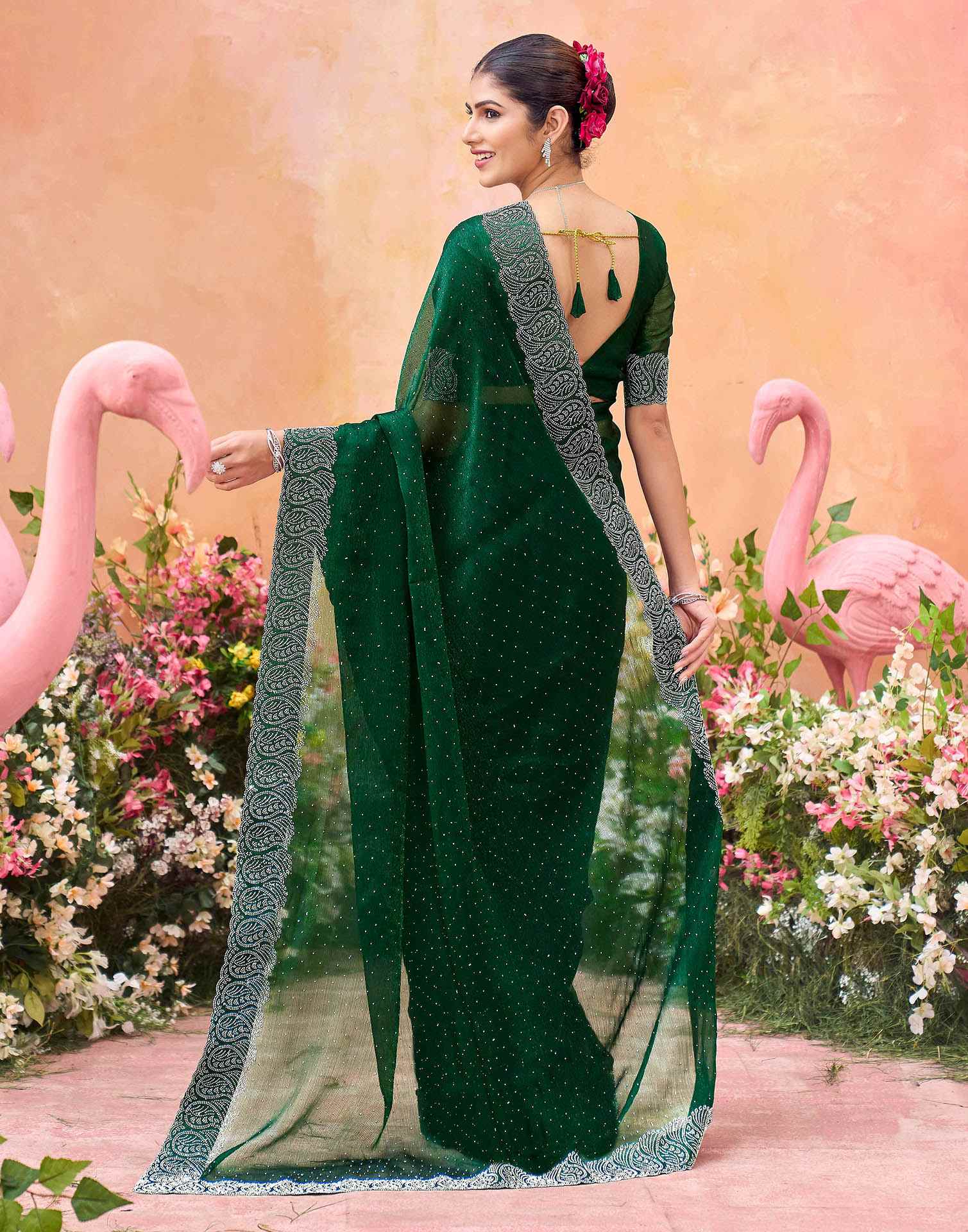 Dark Green Shimmer Stone Work Swarovski Saree - Image 3