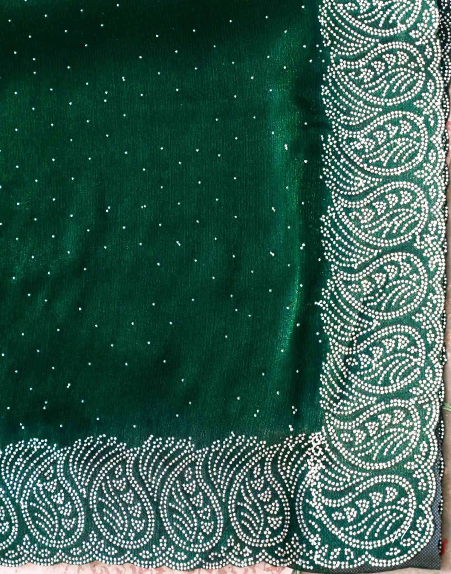 Dark Green Shimmer Stone Work Swarovski Saree - Image 7