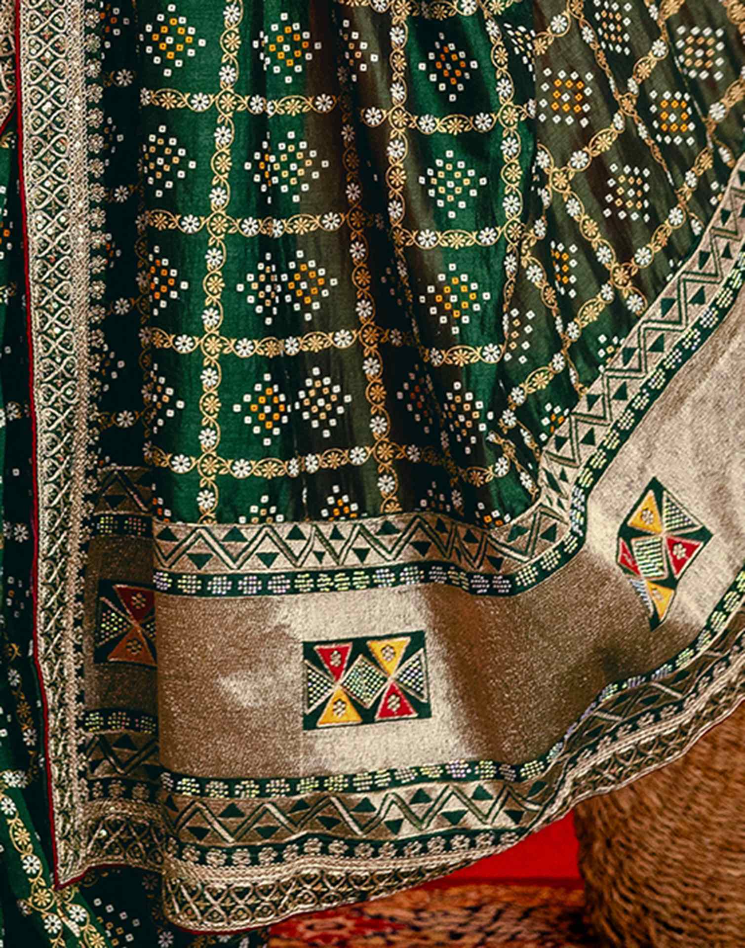 Dark Green Silk Bandhani Printed Saree - Image 10