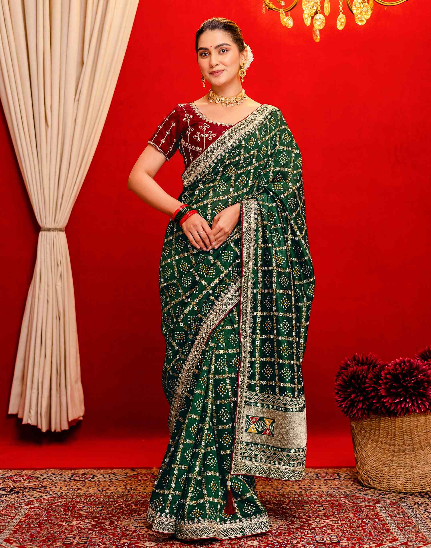 Dark Green Silk Bandhani Printed Saree - Image 2