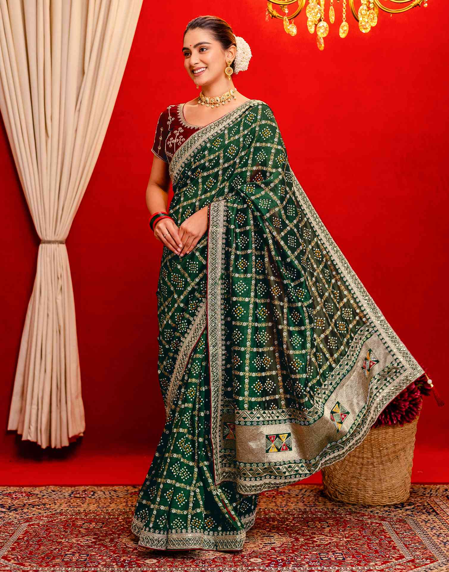 Dark Green Silk Bandhani Printed Saree - Image 3