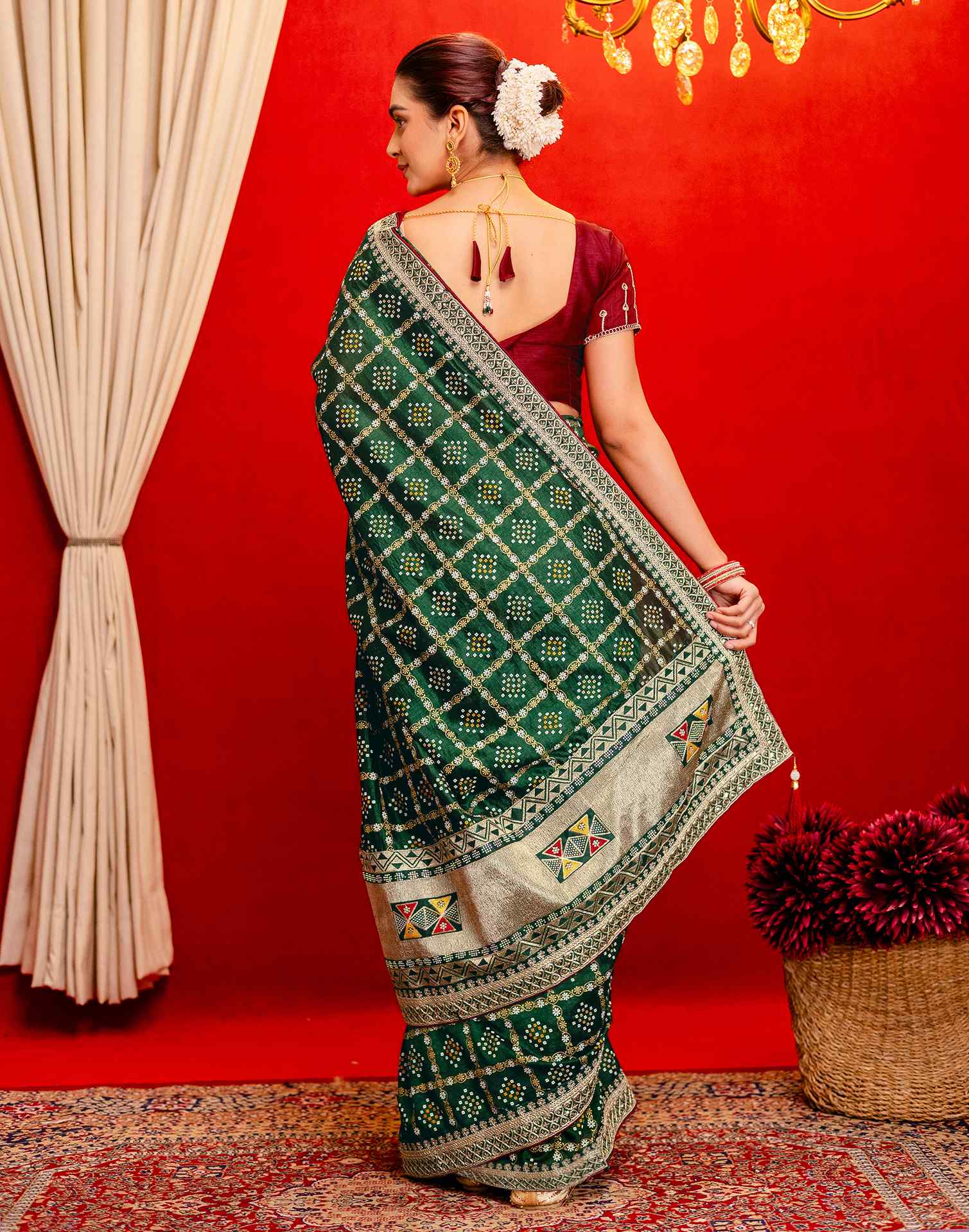 Dark Green Silk Bandhani Printed Saree - Image 7