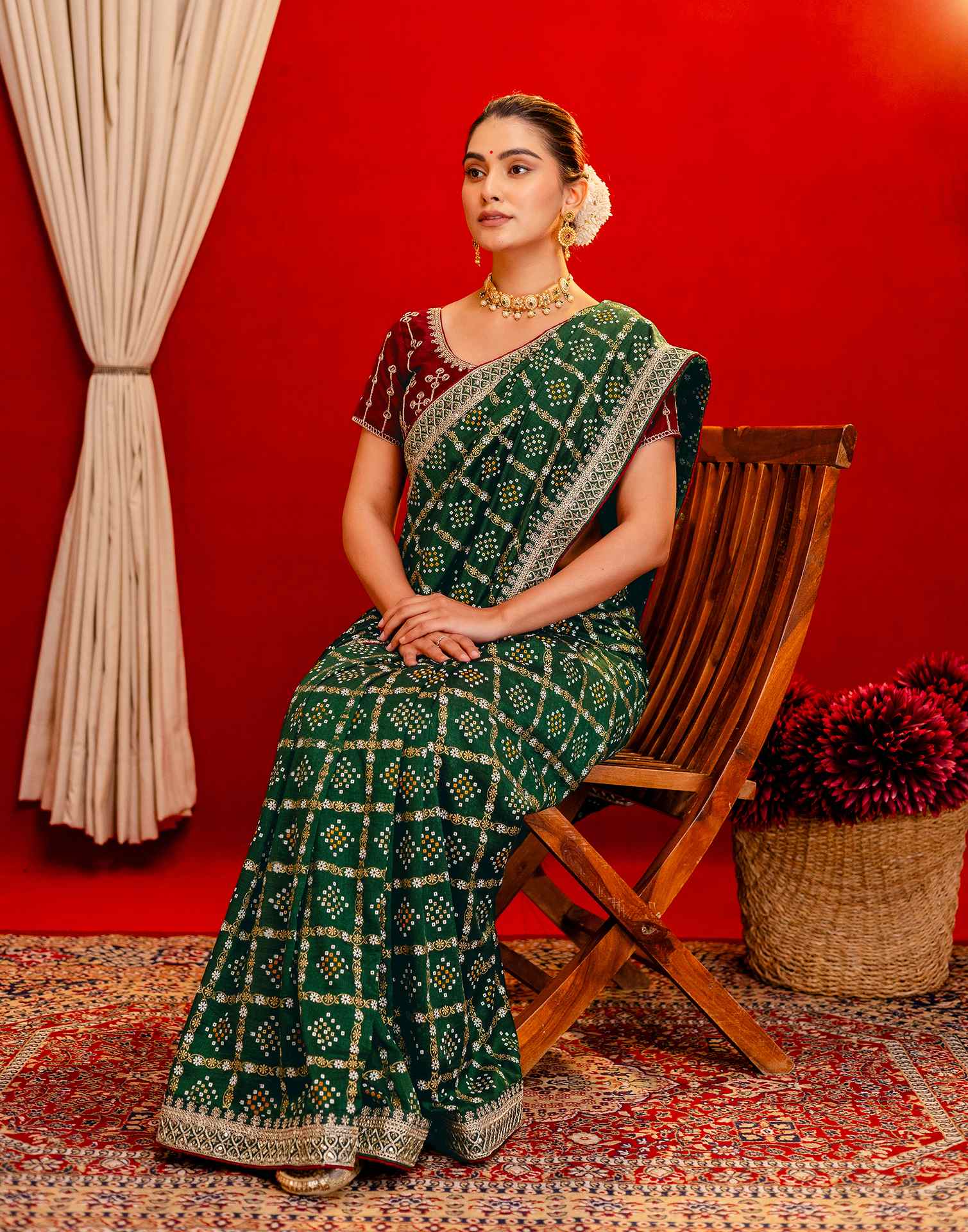 Dark Green Silk Bandhani Printed Saree - Image 9