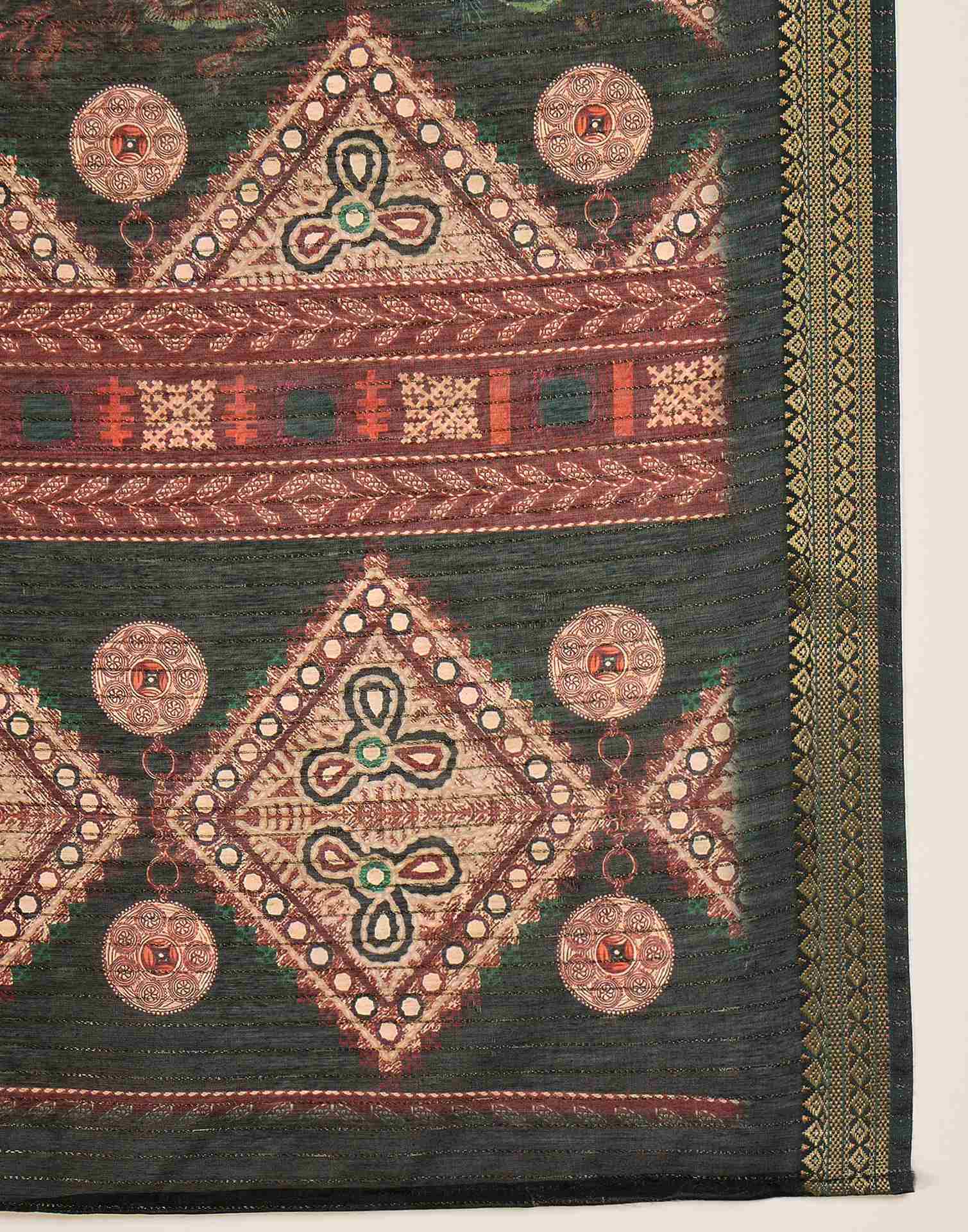 Dark Green Silk Floral Printed Saree - Image 8