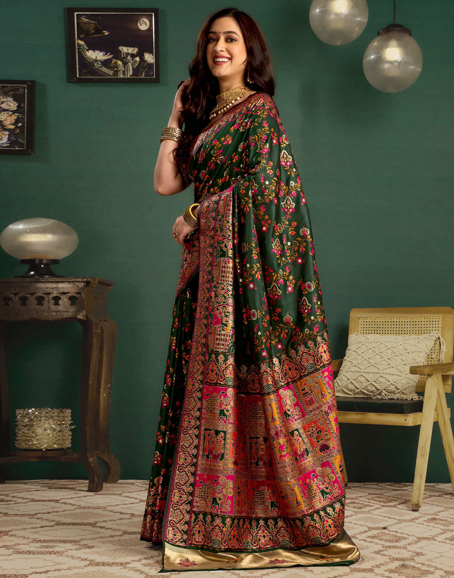 Dark Green Silk Minakari Banarasi Saree - Image 5