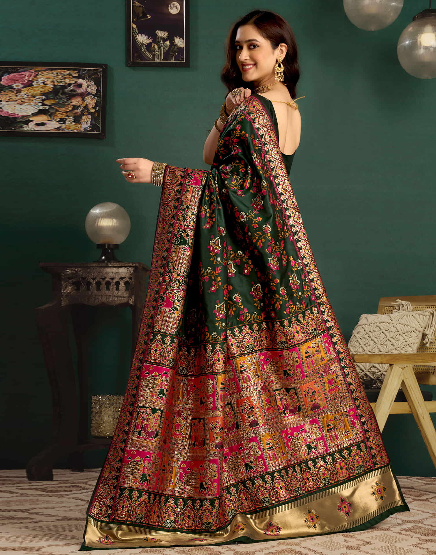 Dark Green Silk Minakari Banarasi Saree - Image 6