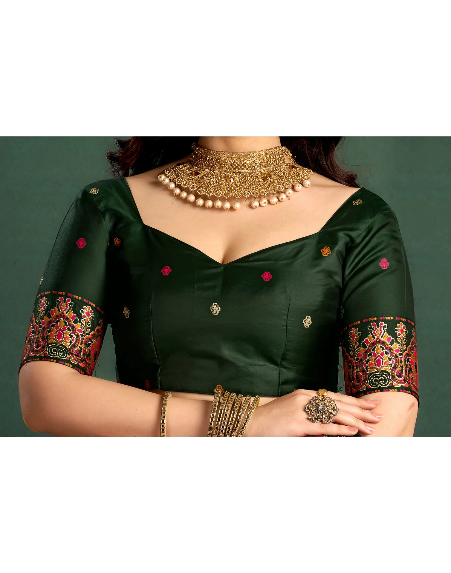 Dark Green Silk Minakari Banarasi Saree - Image 8