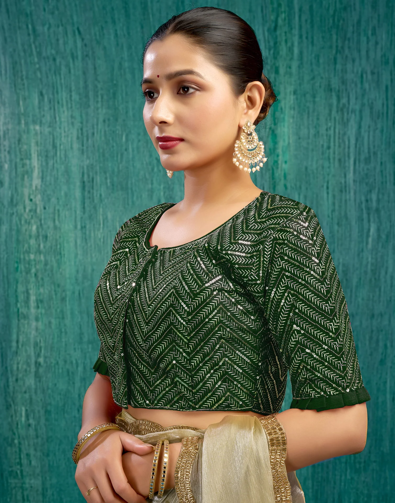 Dark Green Silk Plain Sequence Blouse - Image 4