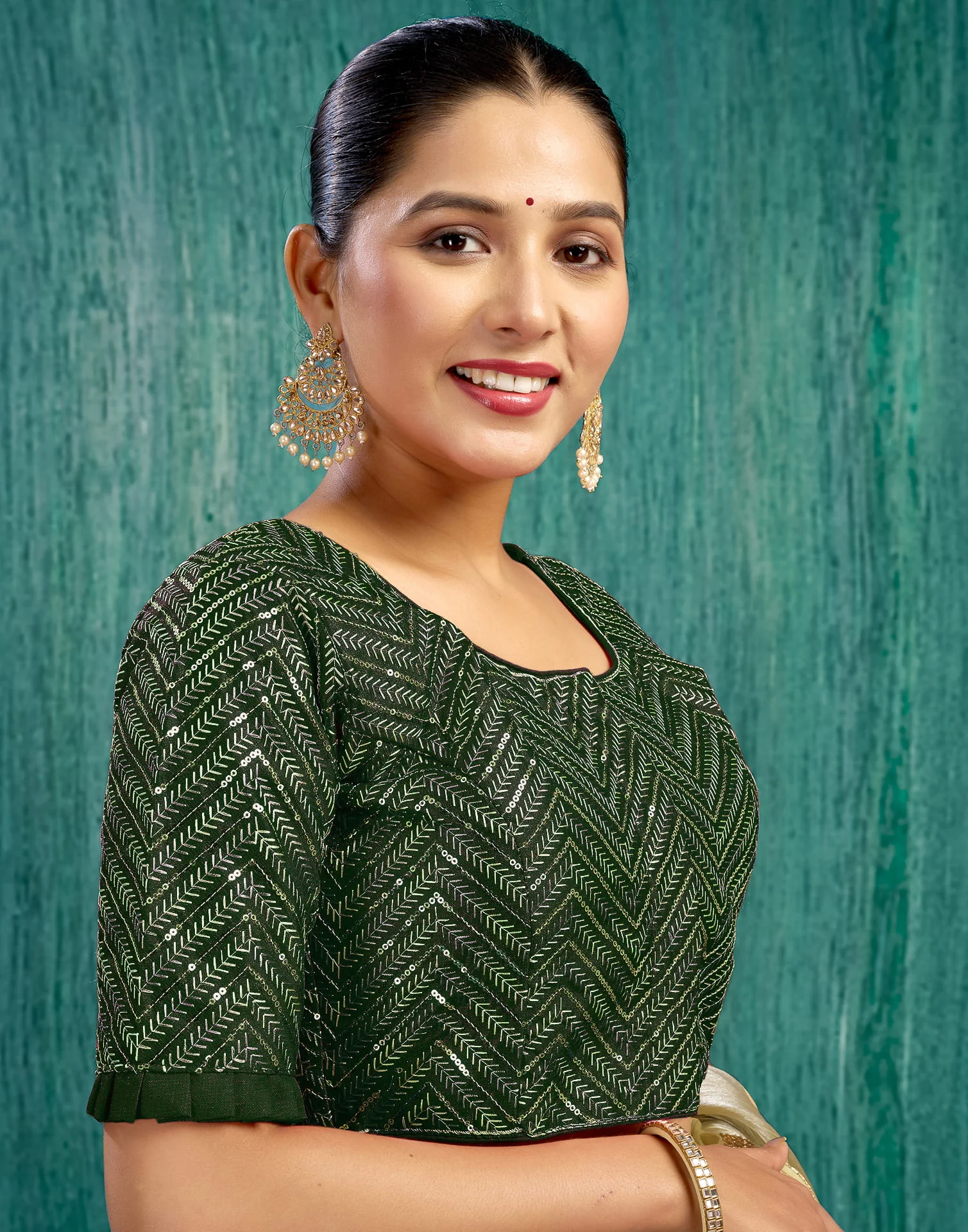Dark Green Silk Plain Sequence Blouse - Image 5