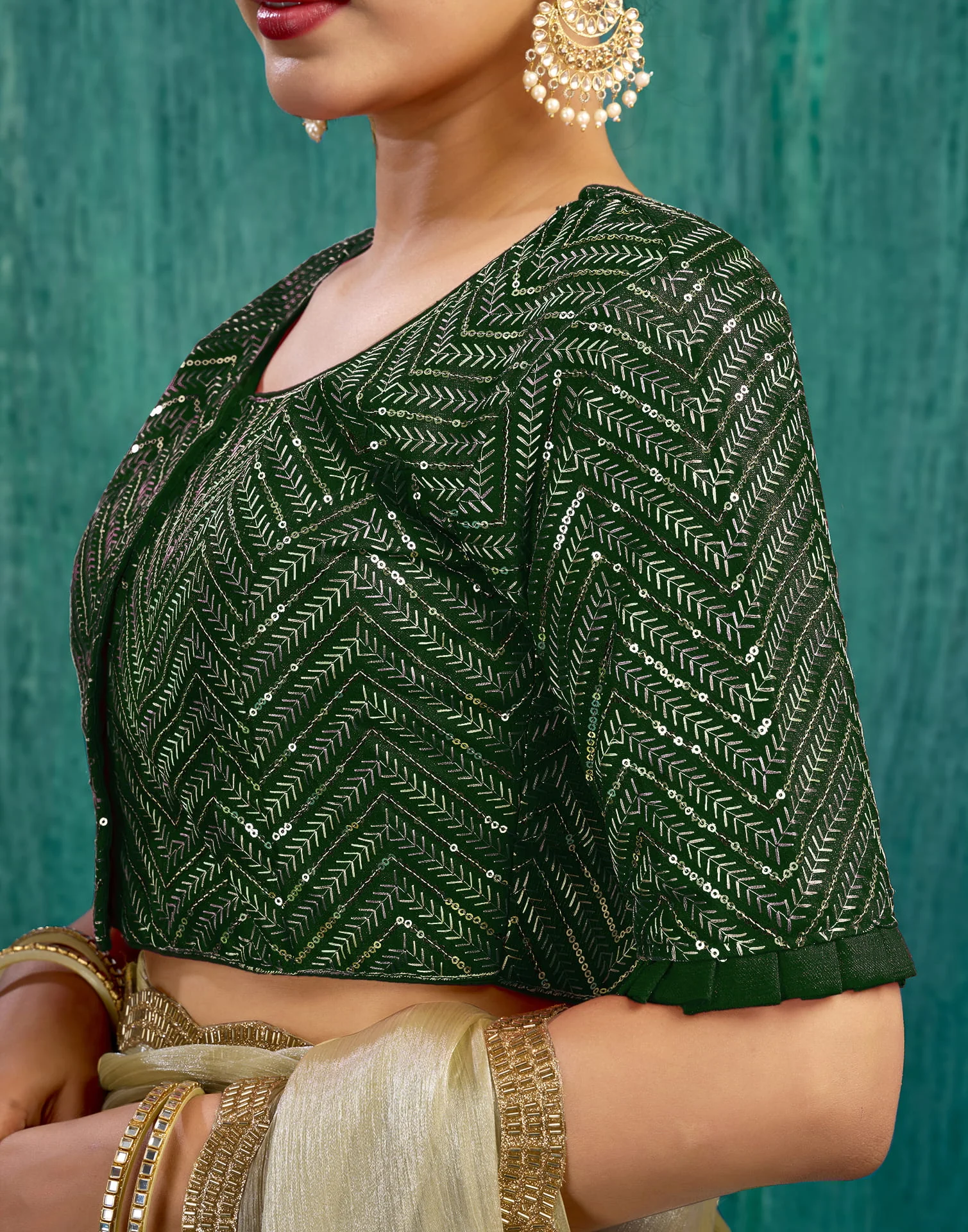 Dark Green Silk Plain Sequence Blouse - Image 6