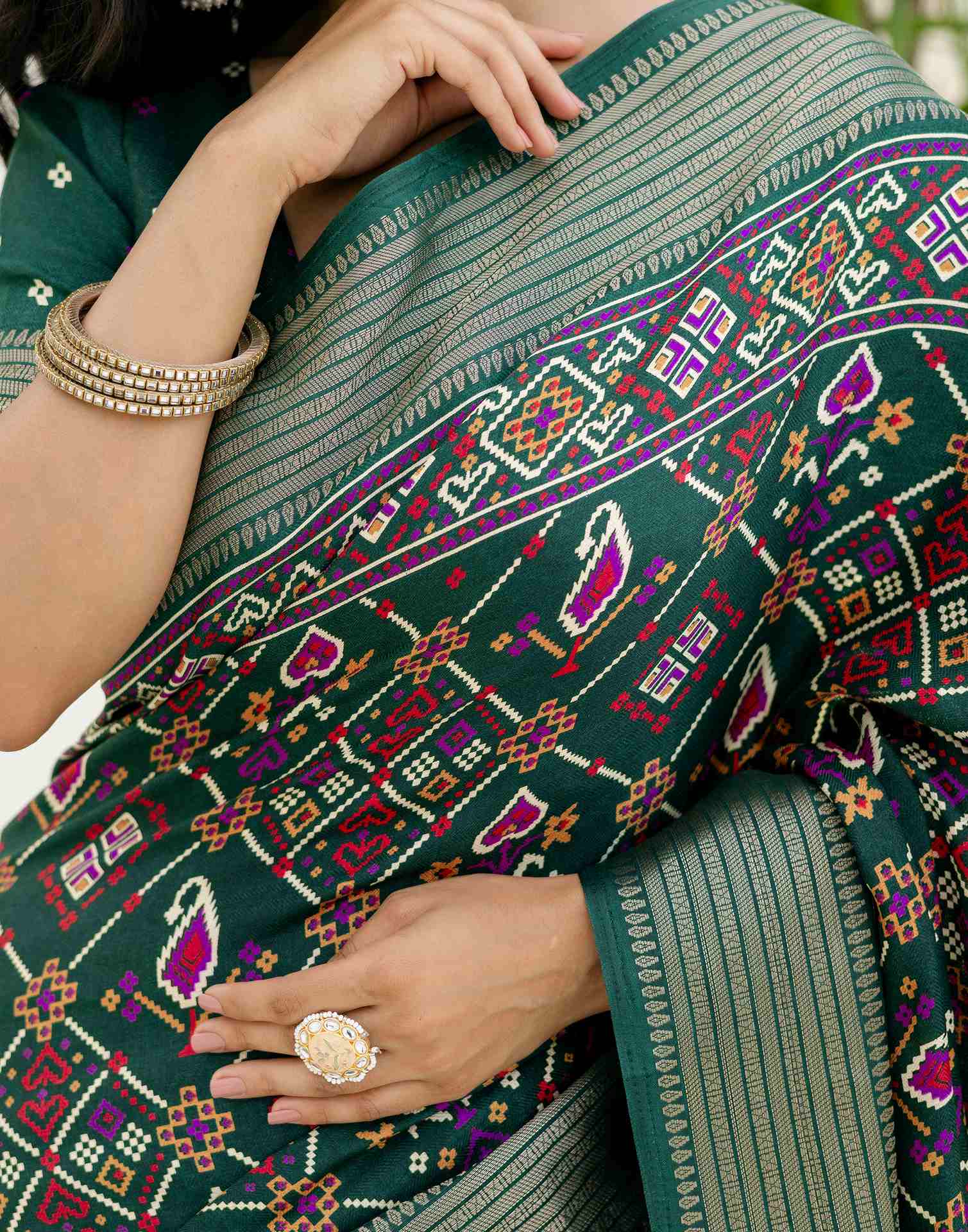 Dark Green Silk Printed Patola Saree - Image 11
