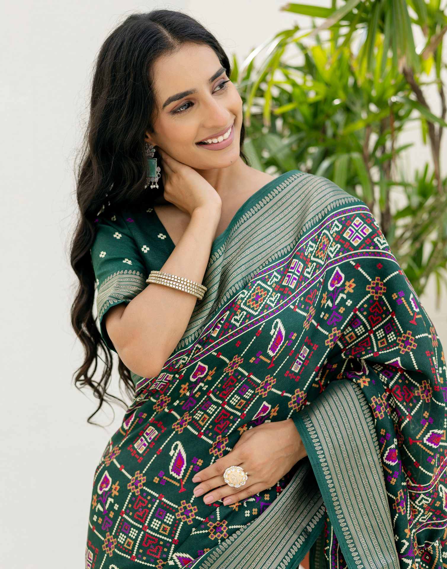 Dark Green Silk Printed Patola Saree - Image 2