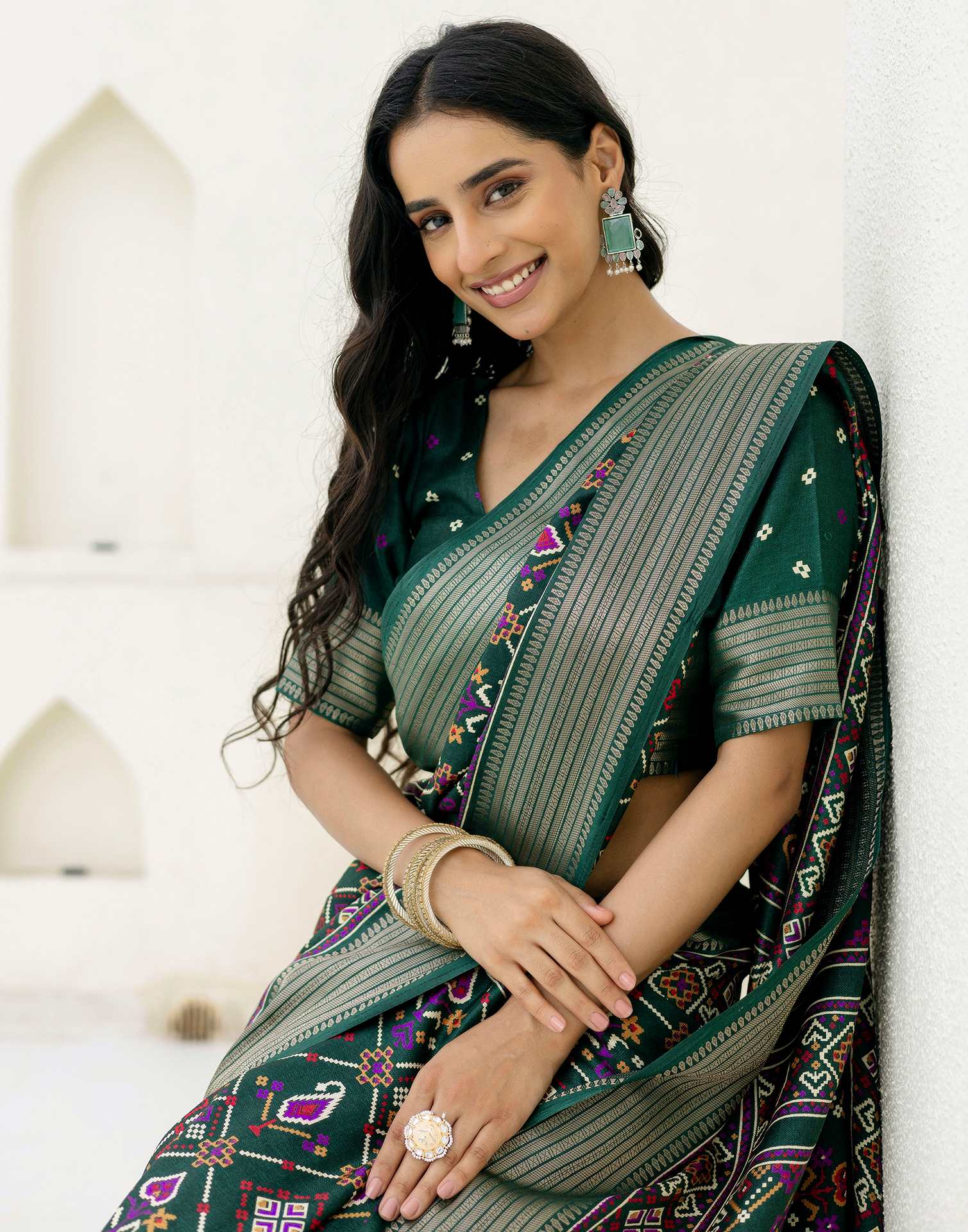 Dark Green Silk Printed Patola Saree - Image 4