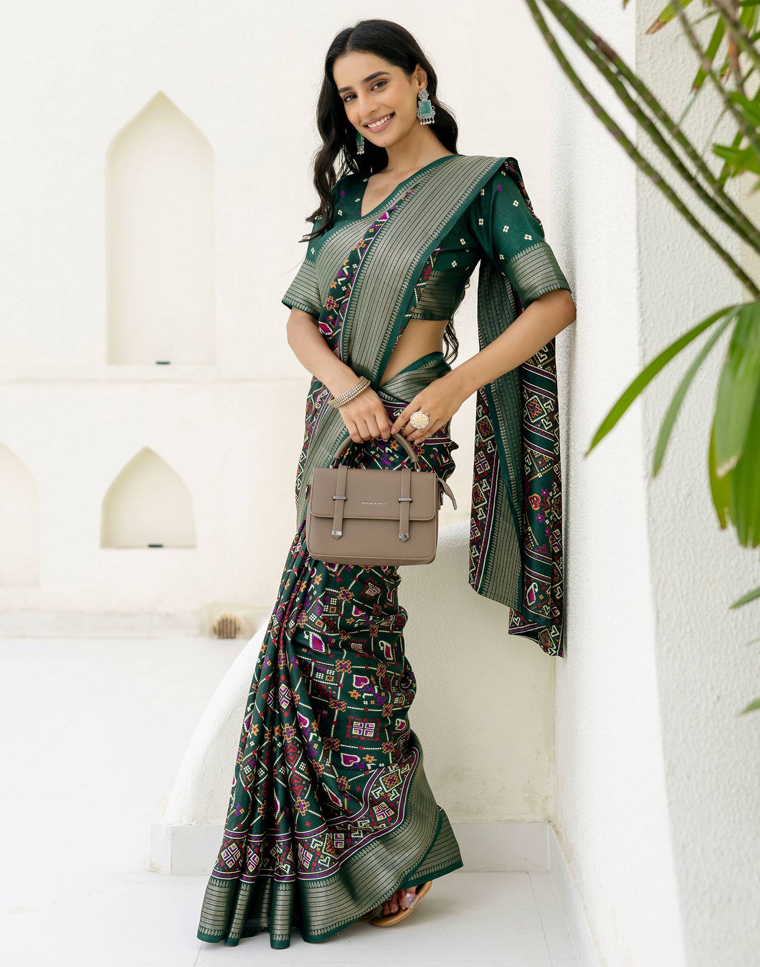 Dark Green Silk Printed Patola Saree - Image 7