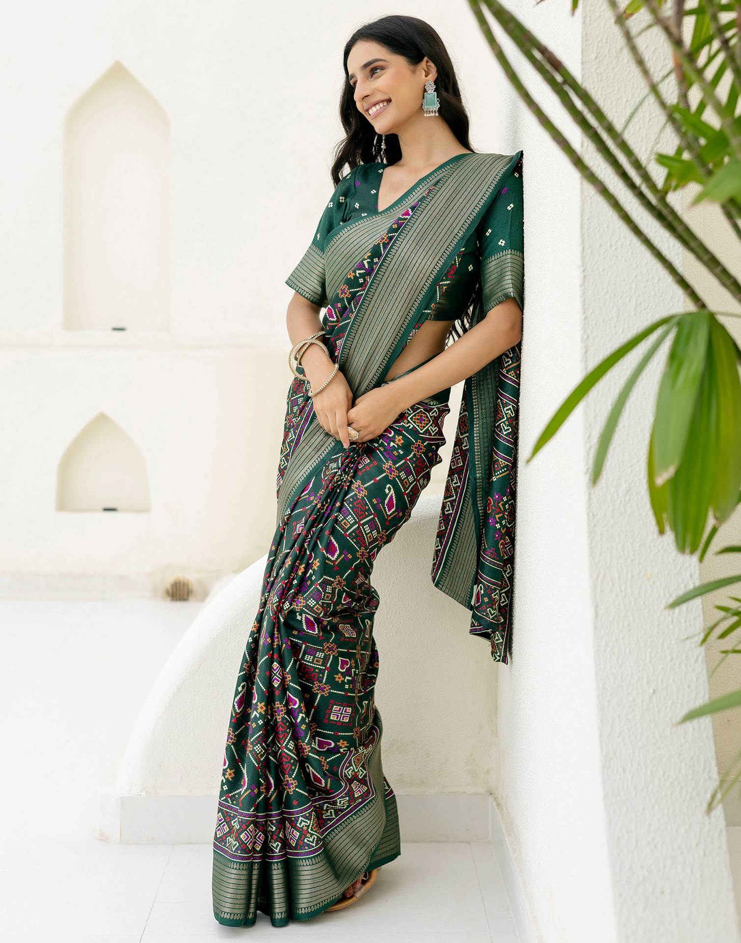 Dark Green Silk Printed Patola Saree - Image 9