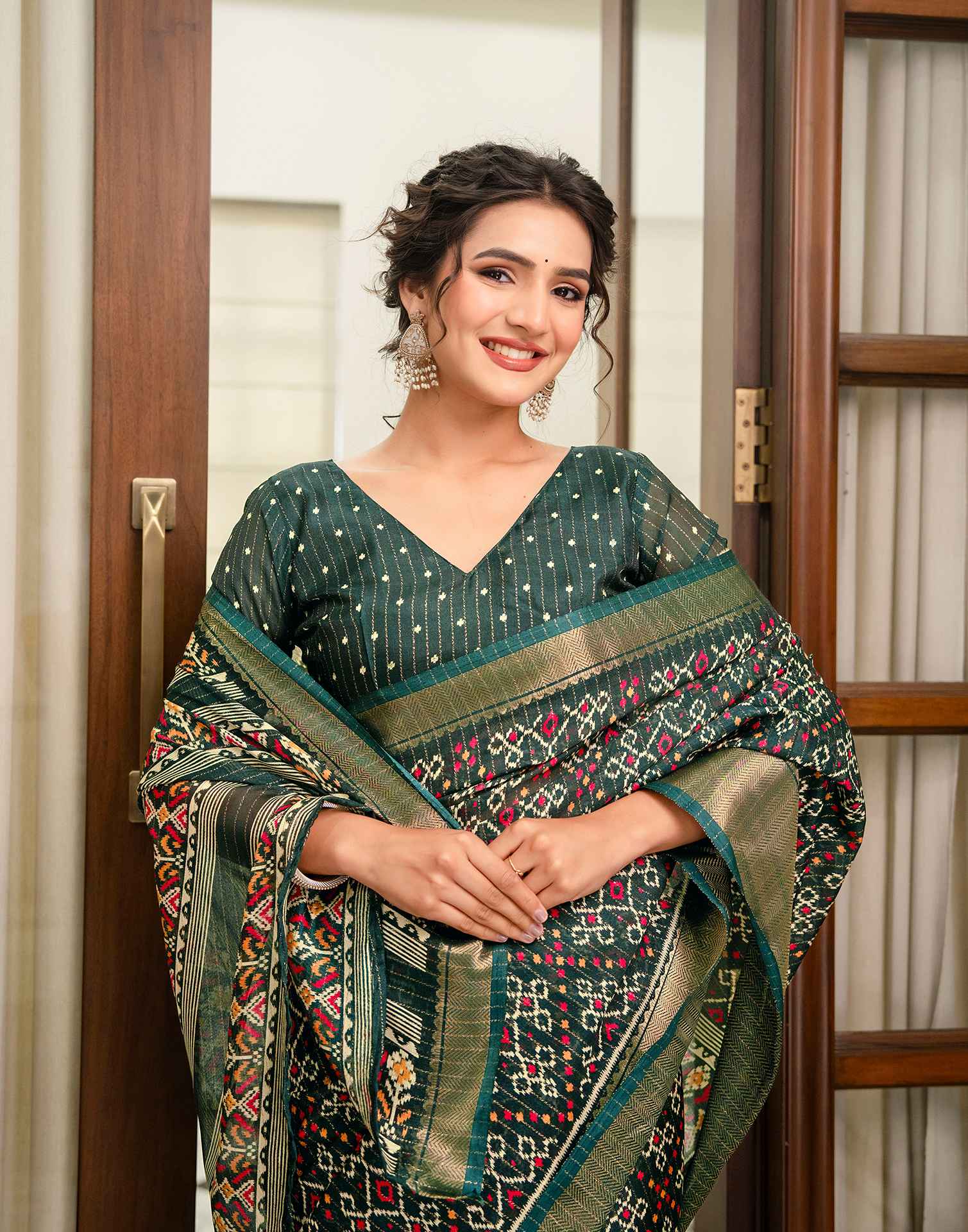Dark Green Silk Printed Zari Stripe SareeĀ