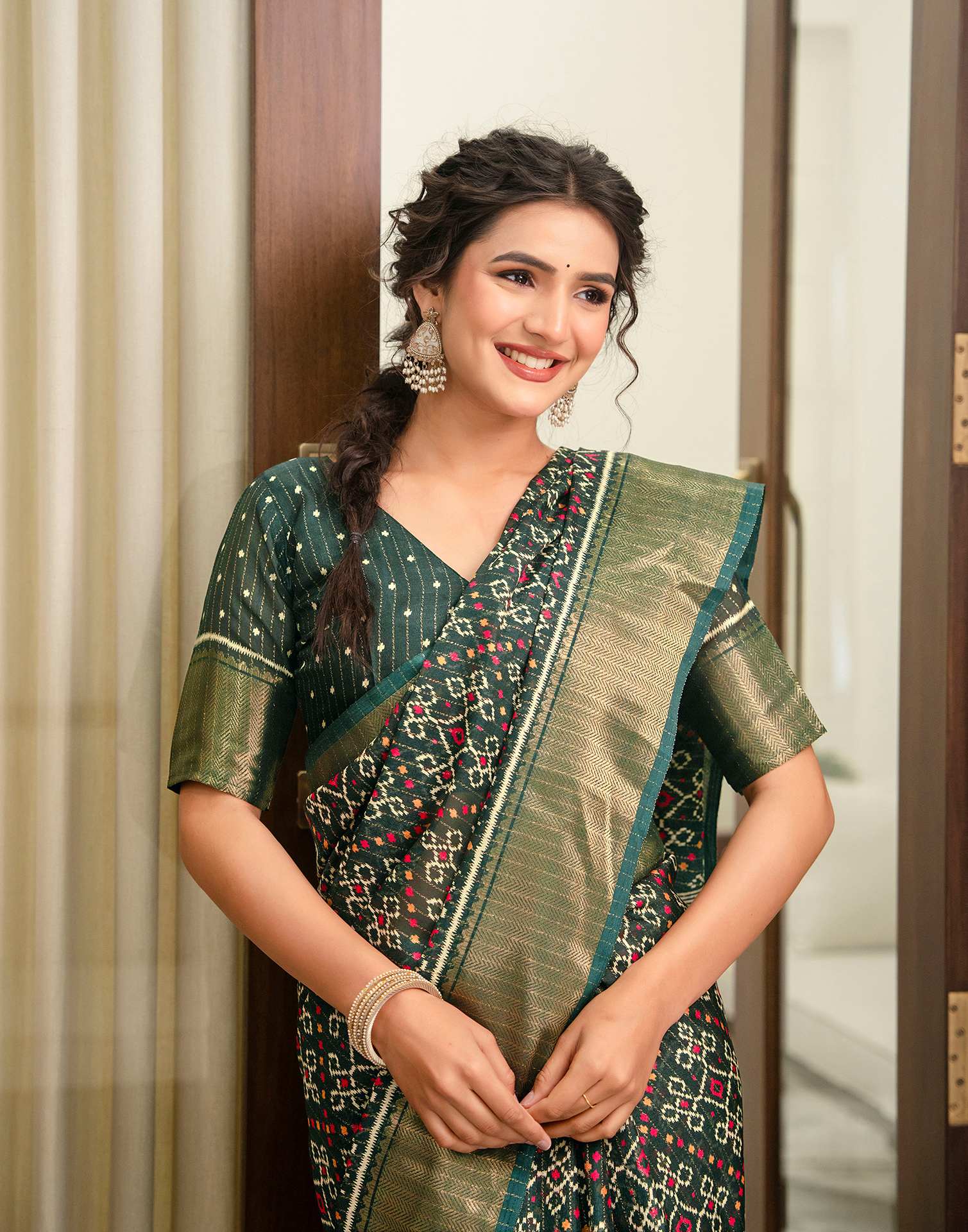 Dark Green Silk Printed Zari Stripe SareeĀ - Image 10