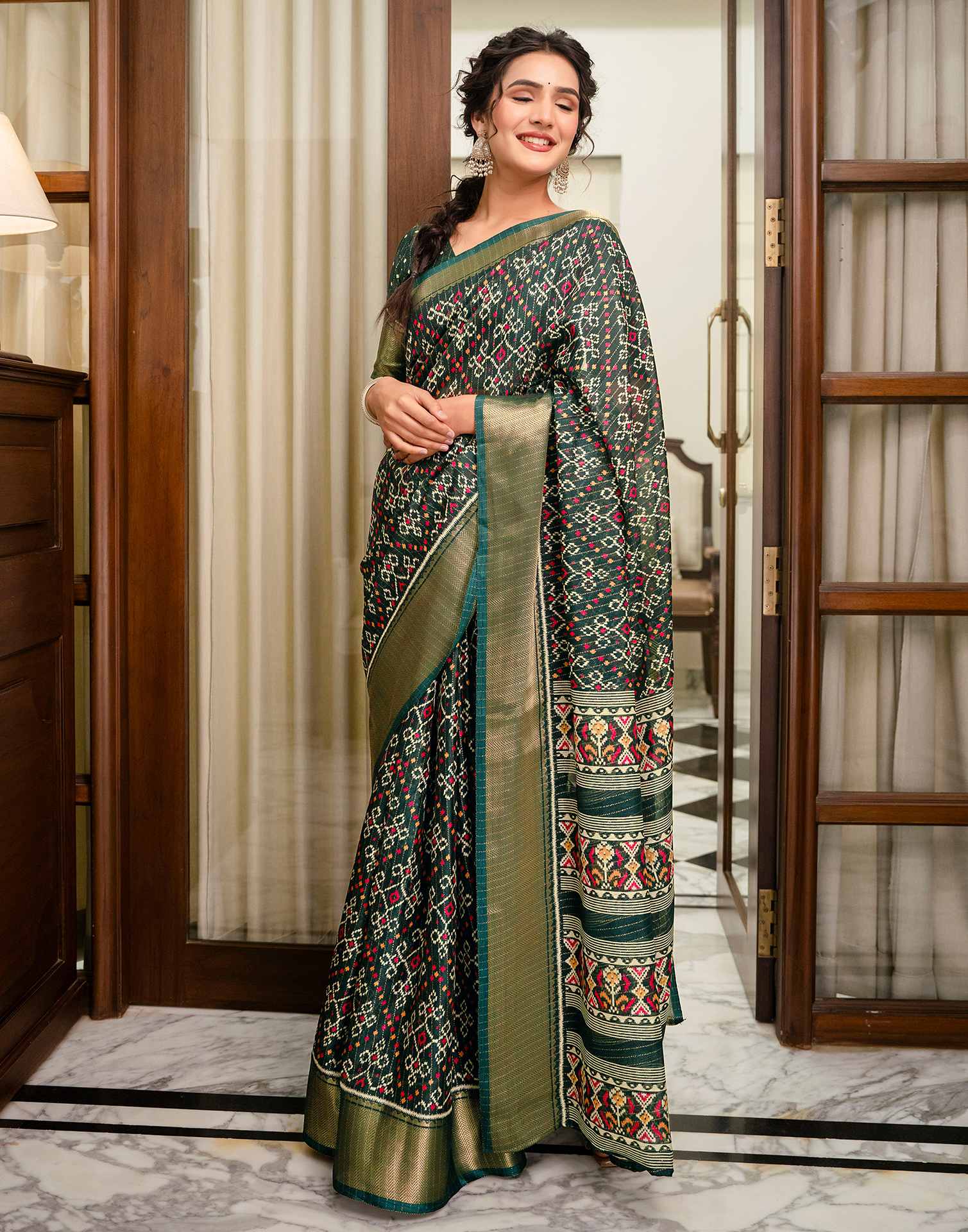 Dark Green Silk Printed Zari Stripe SareeĀ - Image 6