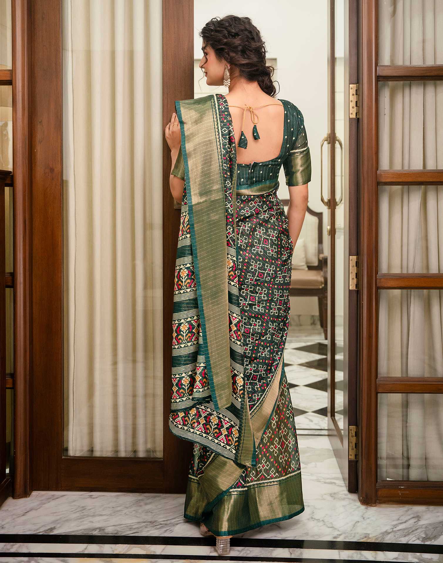 Dark Green Silk Printed Zari Stripe SareeĀ - Image 7