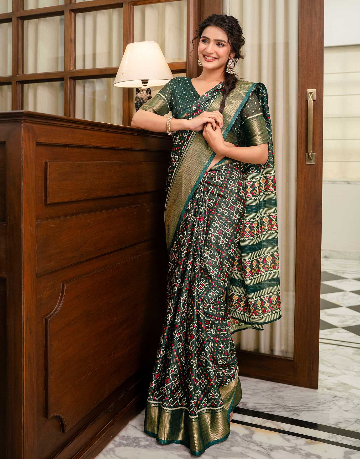Dark Green Silk Printed Zari Stripe SareeĀ - Image 9