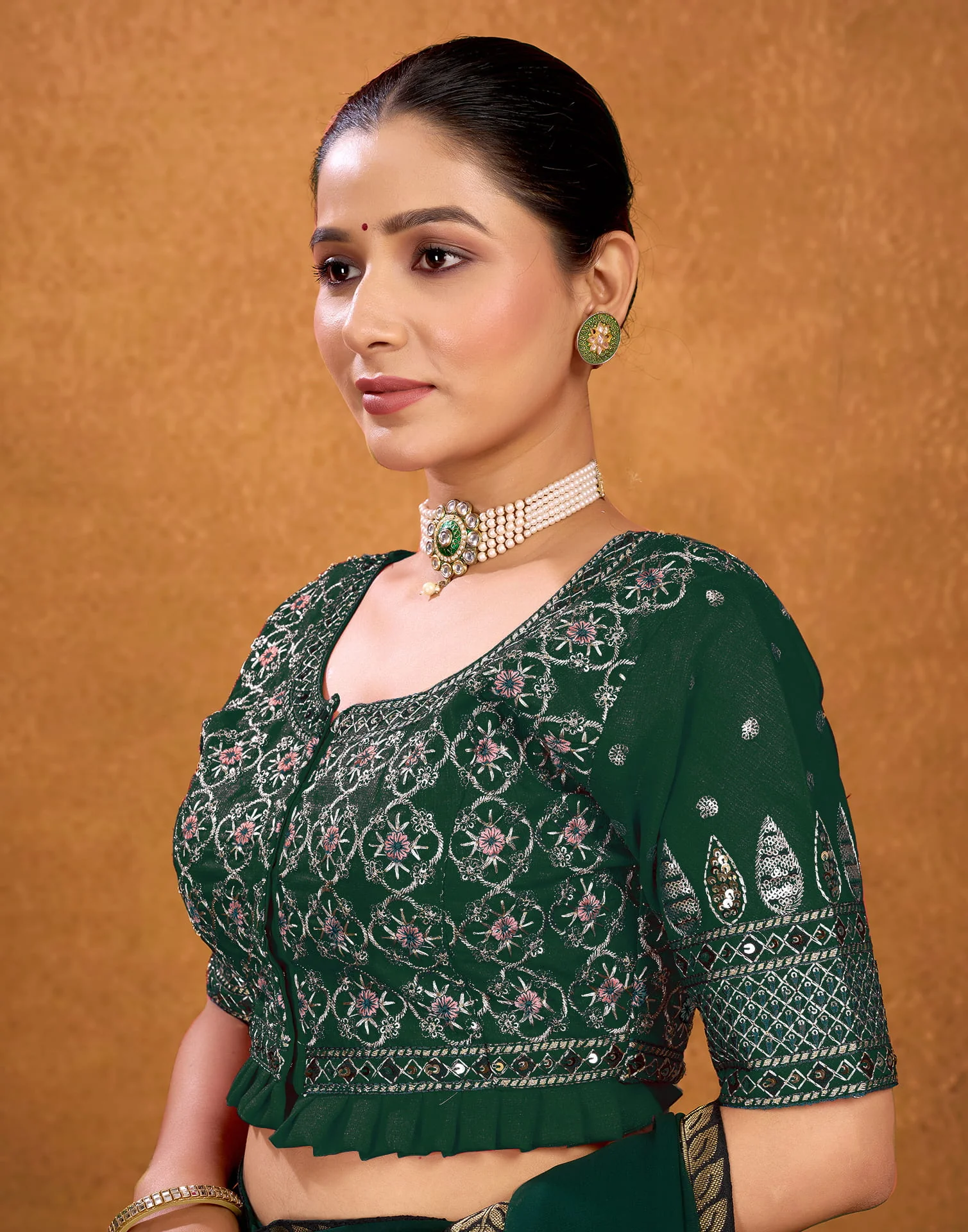 Dark Green Silk Sequence Embroidery Blouse - Image 4