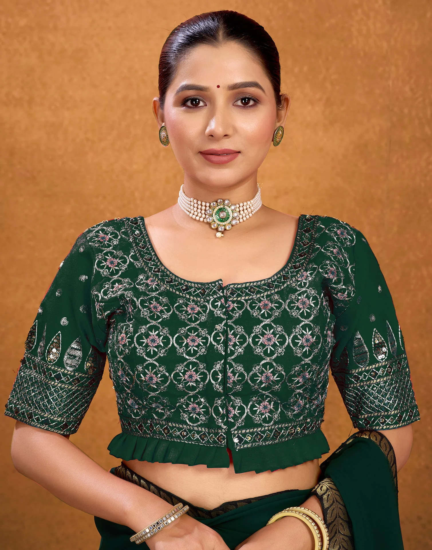 Dark Green Silk Sequence Embroidery Blouse - Image 5