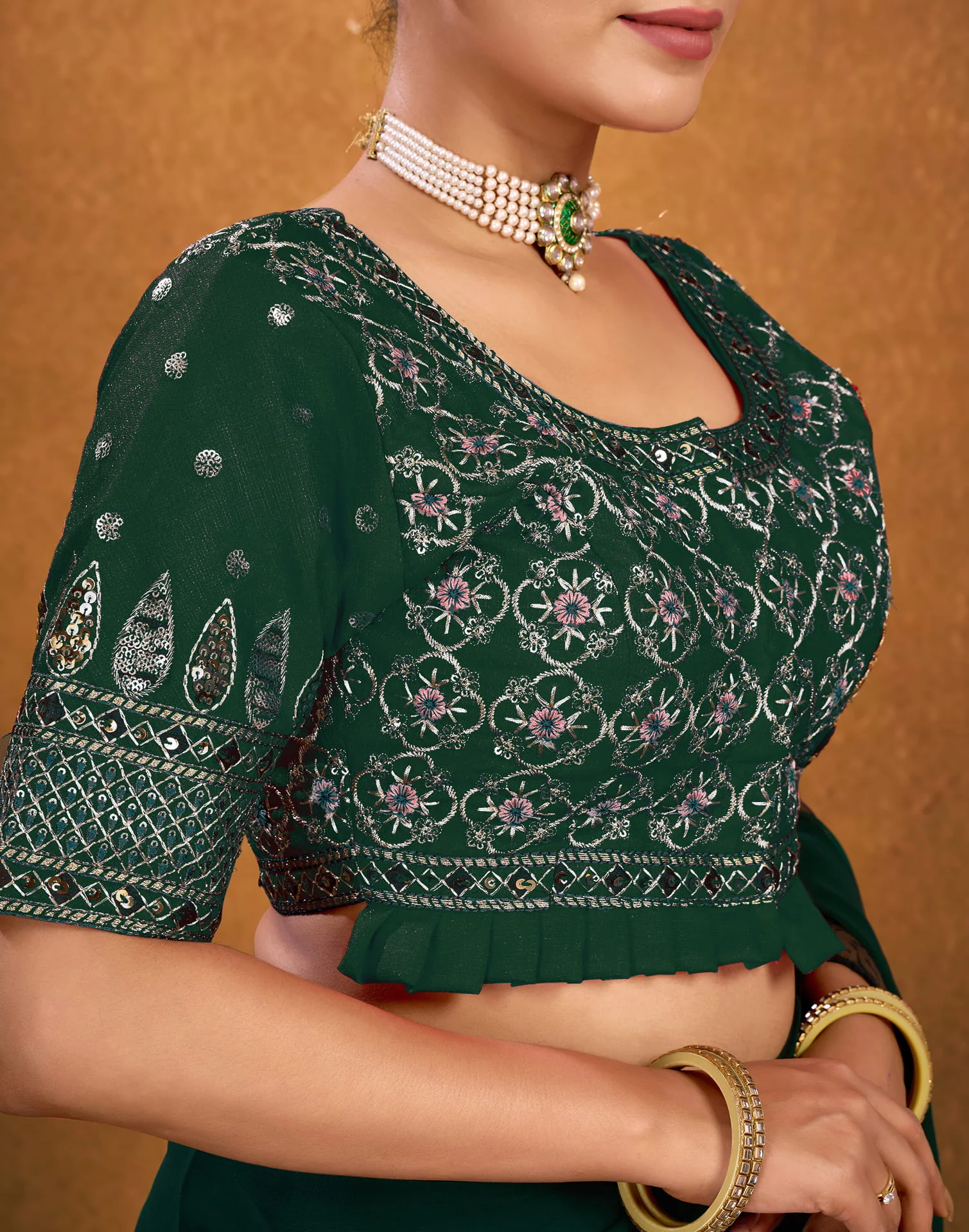 Dark Green Silk Sequence Embroidery Blouse - Image 6