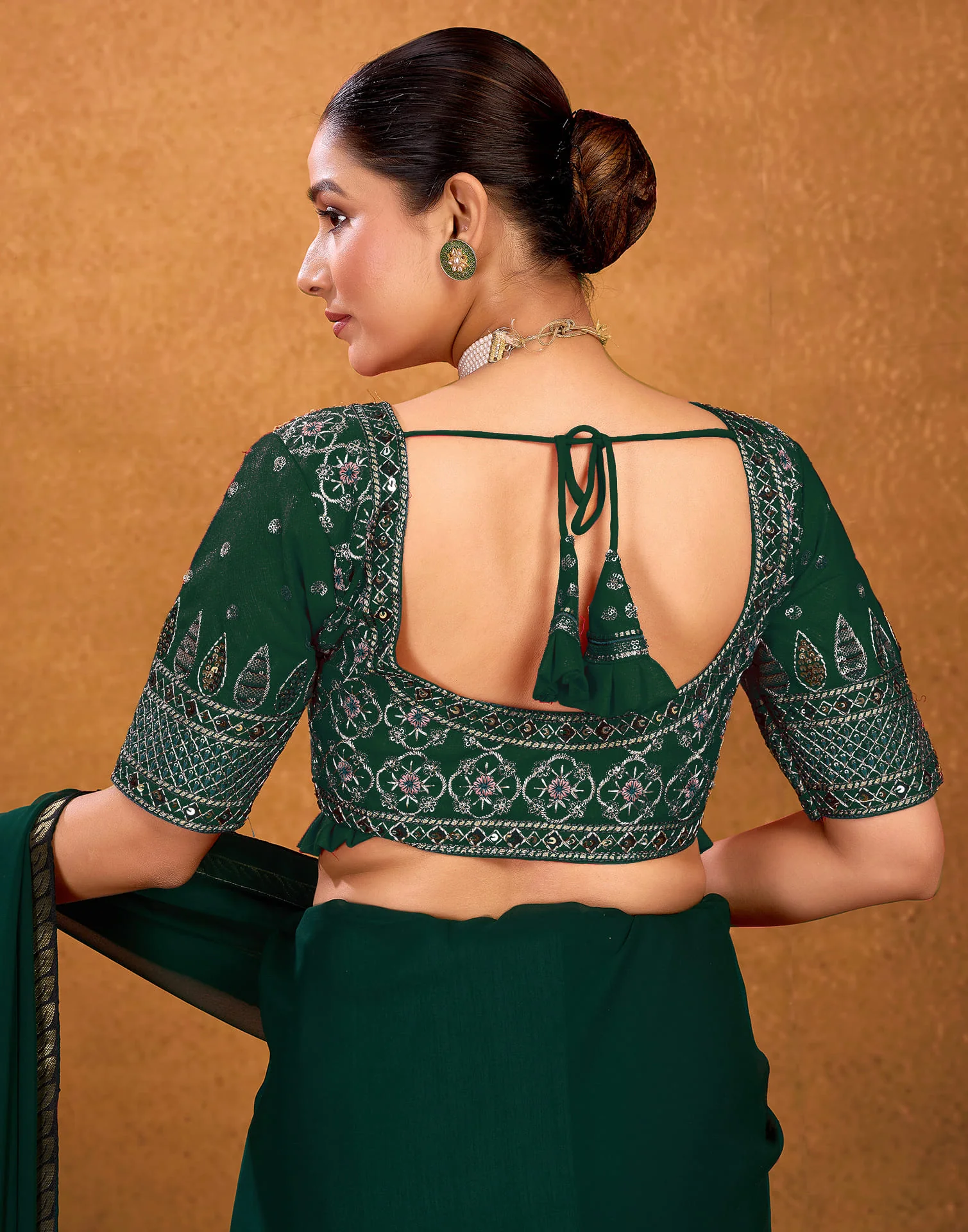 Dark Green Silk Sequence Embroidery Blouse - Image 7