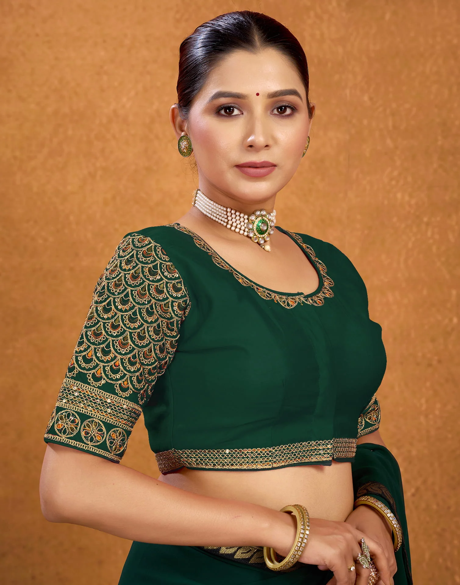 Dark Green Silk Sequence Embroidery Blouse - Image 5