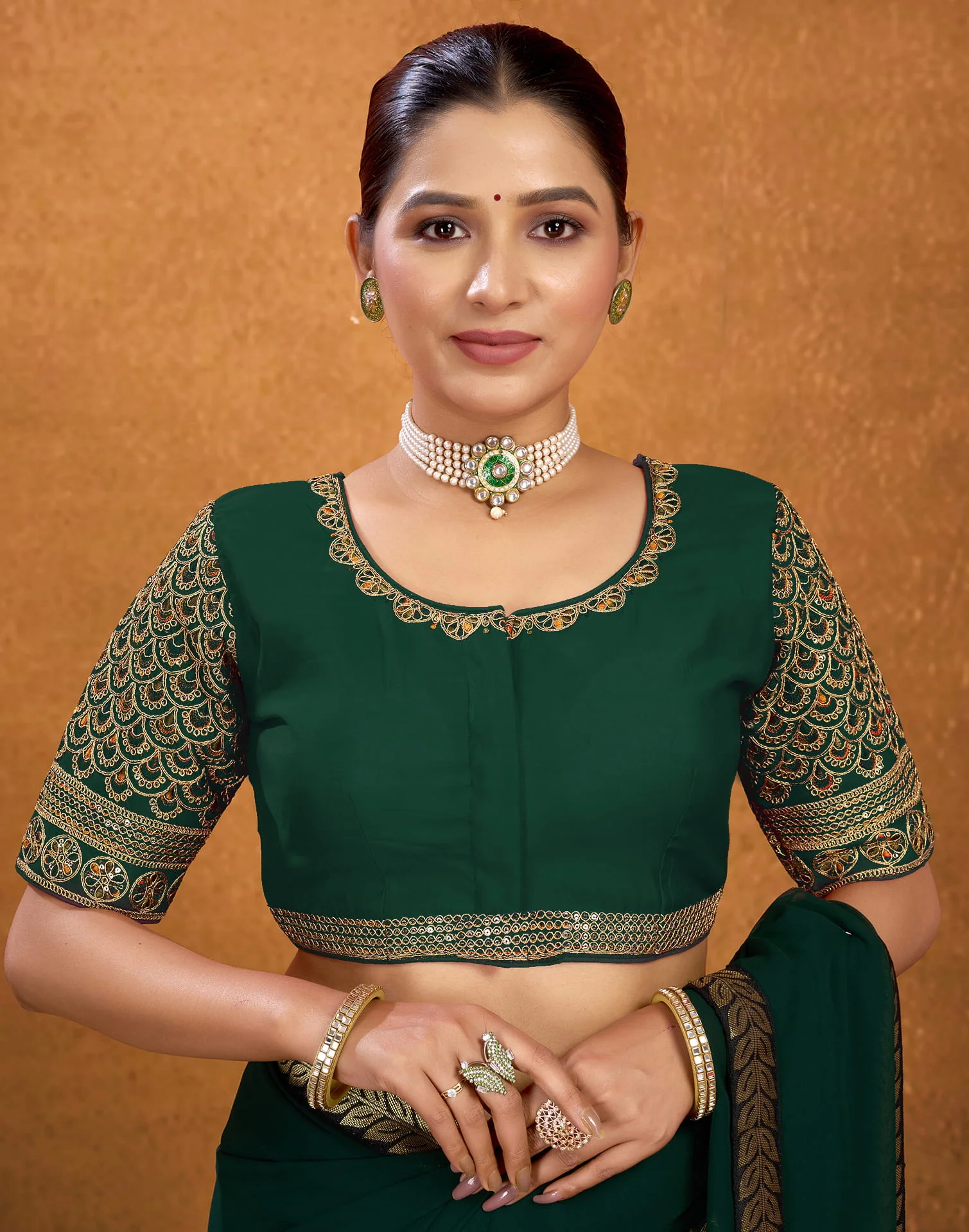 Dark Green Silk Sequence Embroidery Blouse - Image 6