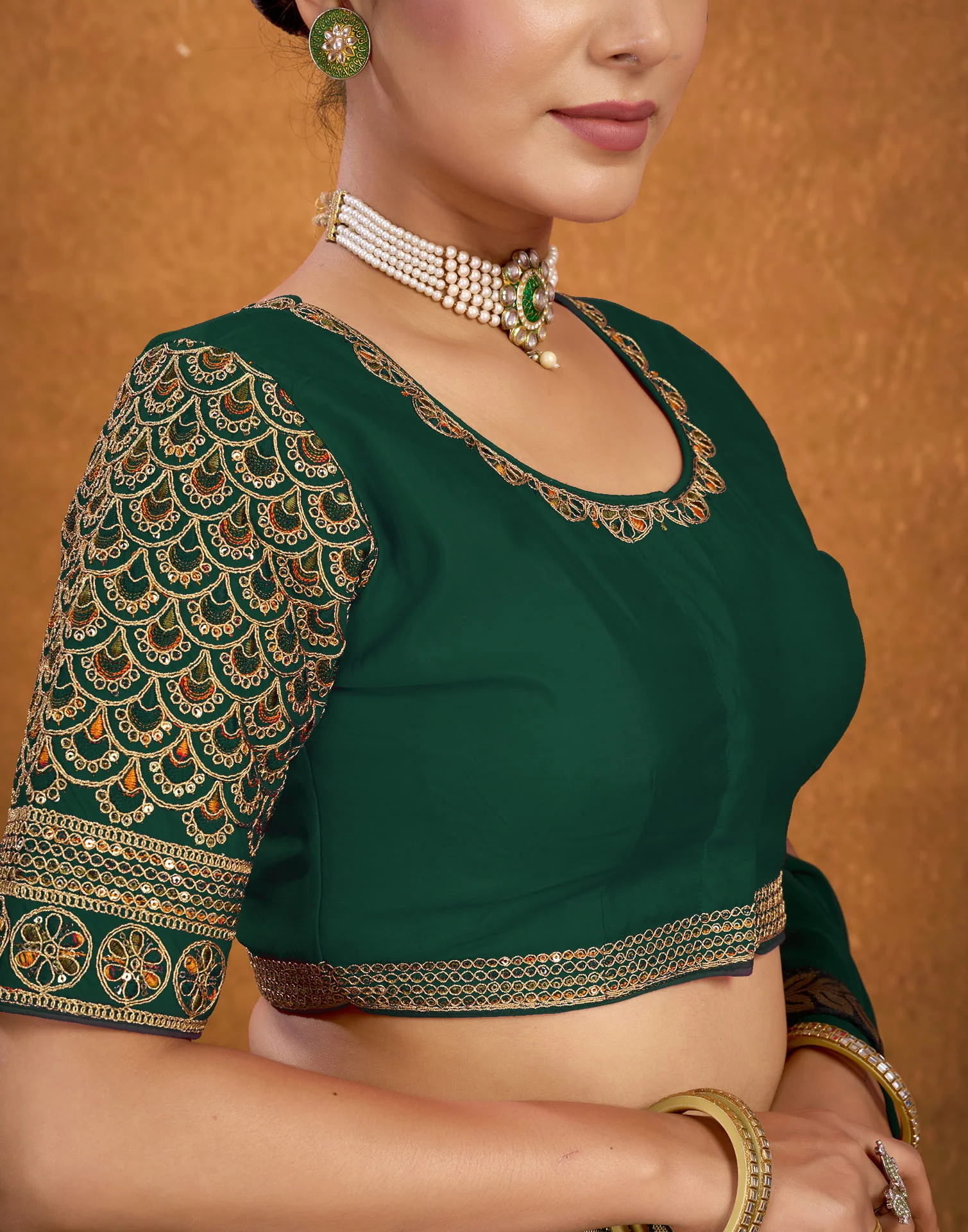 Dark Green Silk Sequence Embroidery Blouse - Image 7