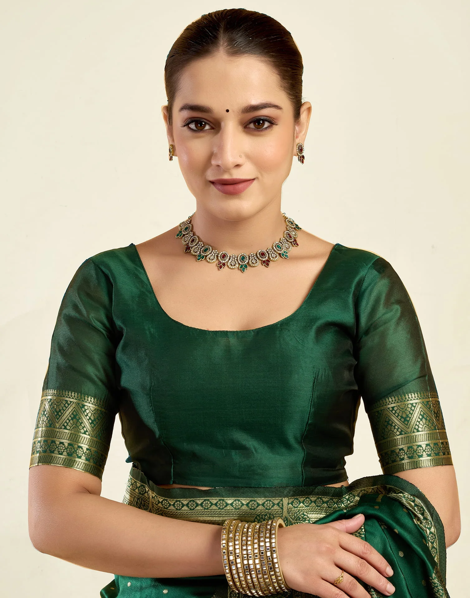 Green Silk Blend Woven Banarasi Saree - Image 9