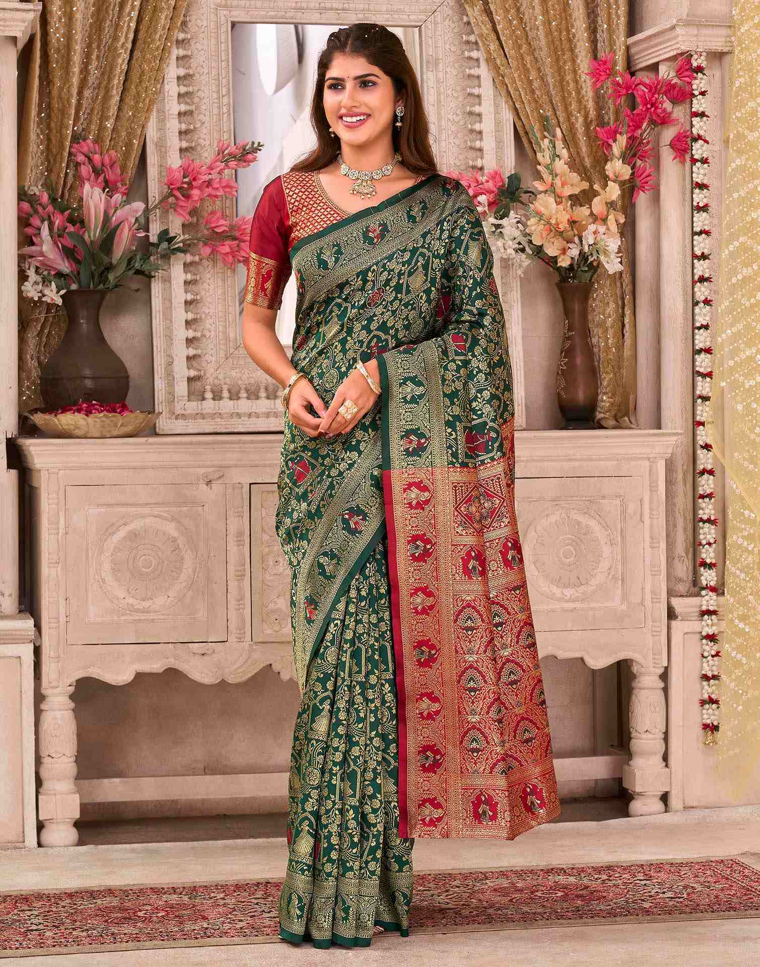 Dark Green Silk Woven Baluchari Saree - Image 2