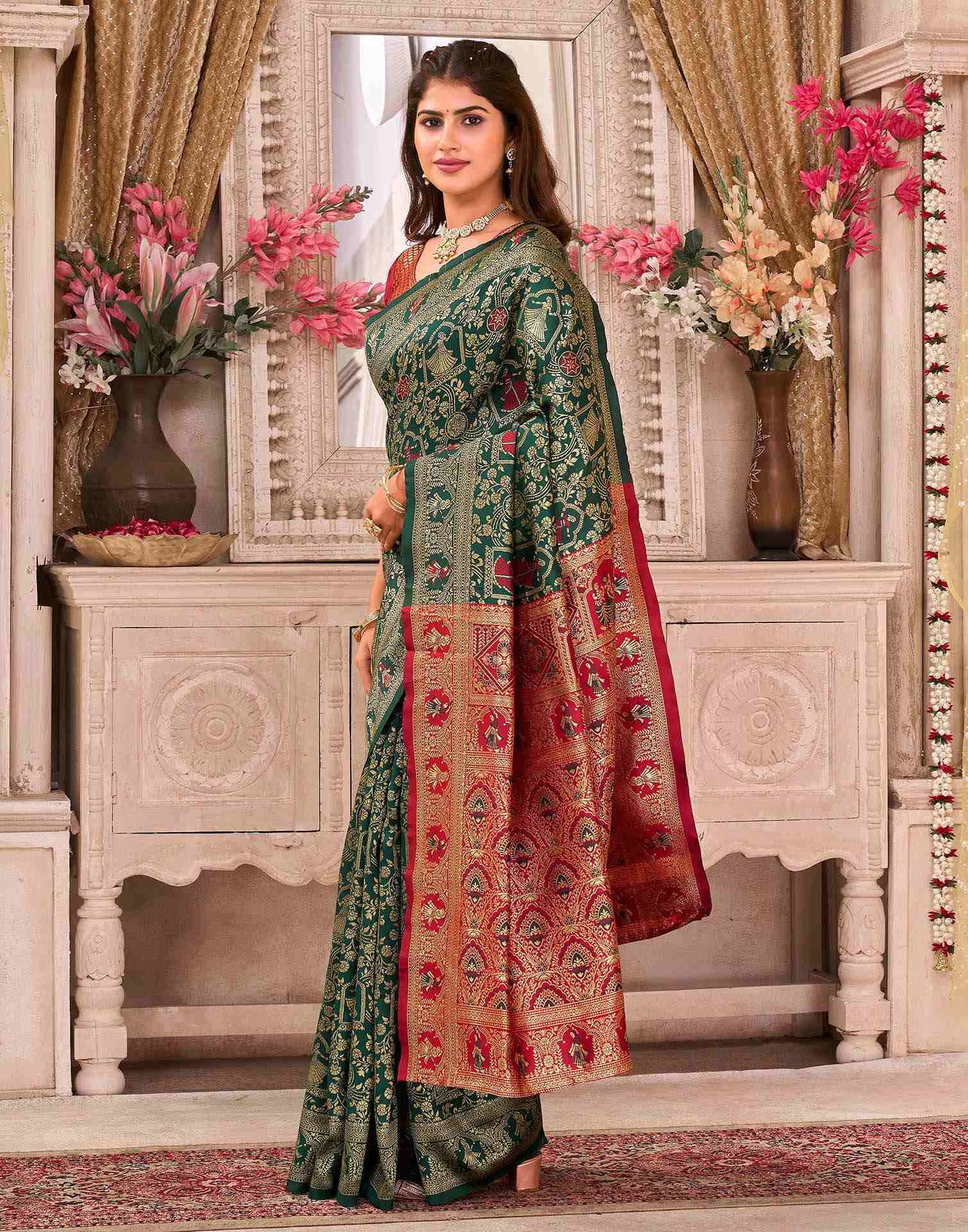Dark Green Silk Woven Baluchari Saree - Image 4
